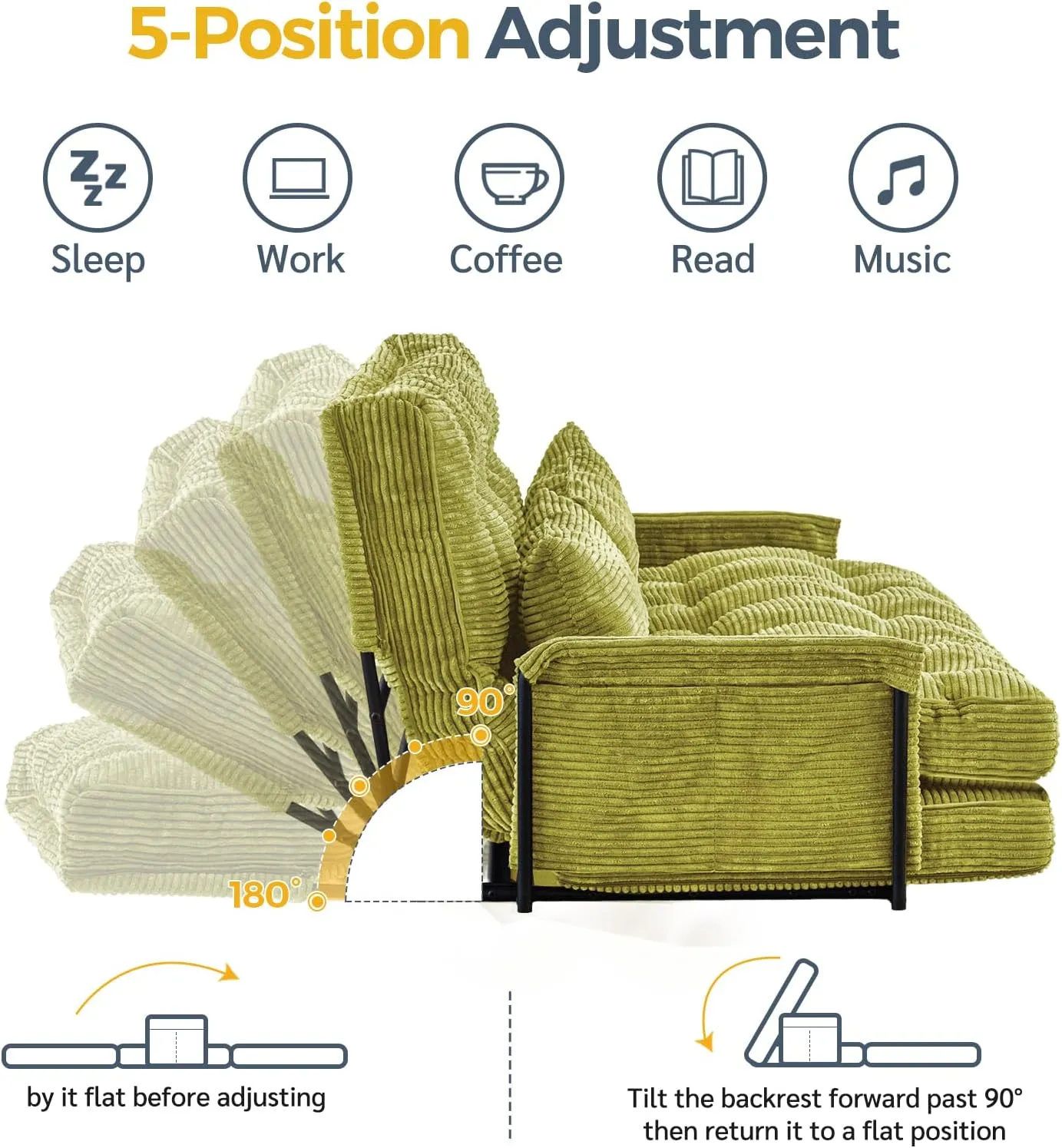 MAXYOYO Adjustable Floor Sofa Couch with 2 Pillows, Multi-Functional Bean Bag Bed, 5-Position Foldable Lazy Sofa Sleeper Bed with Armrest, Versatile Floor Seating for Reading, Green, Double