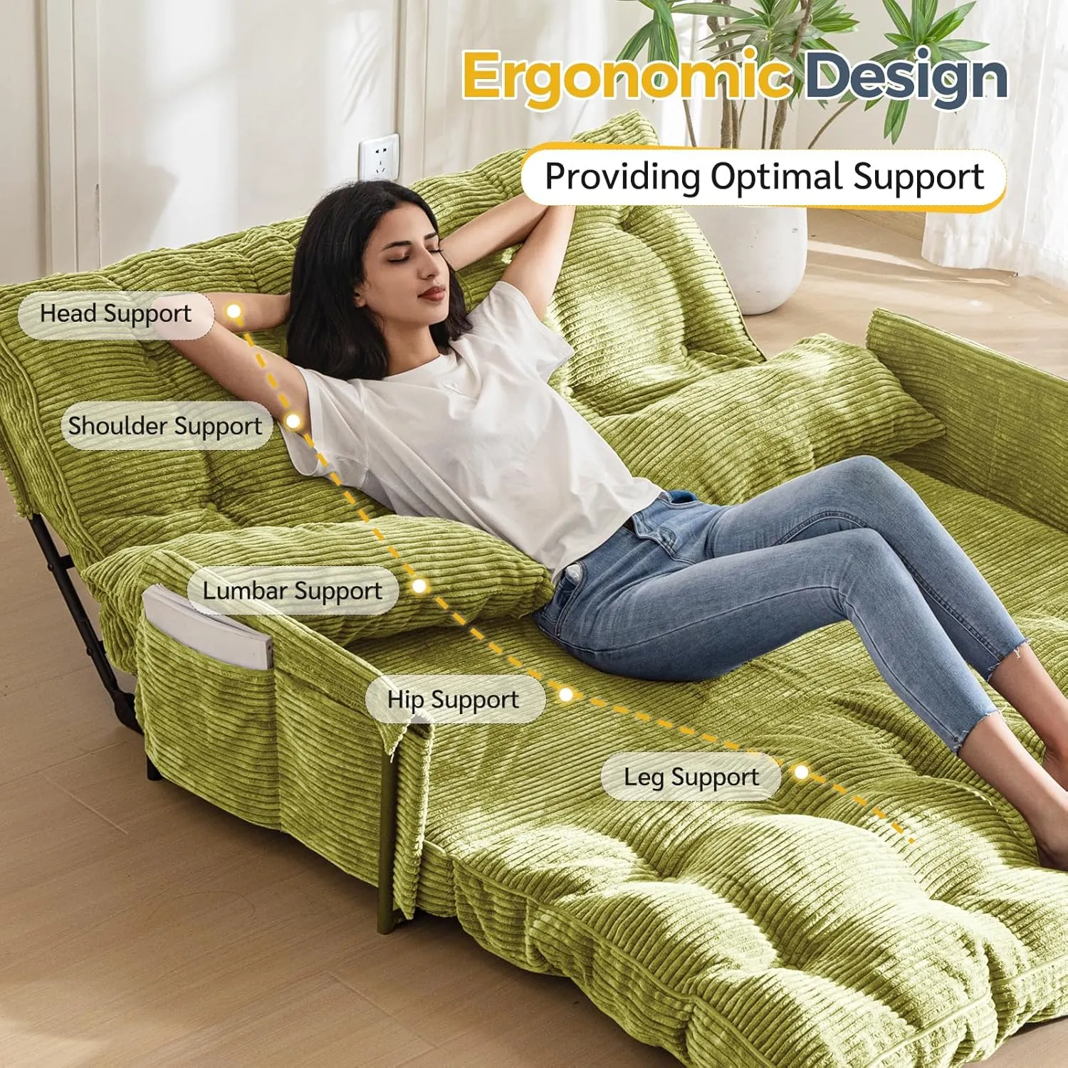 MAXYOYO Adjustable Floor Sofa Couch with 2 Pillows, Multi-Functional Bean Bag Bed, 5-Position Foldable Lazy Sofa Sleeper Bed with Armrest, Versatile Floor Seating for Reading, Green, Double