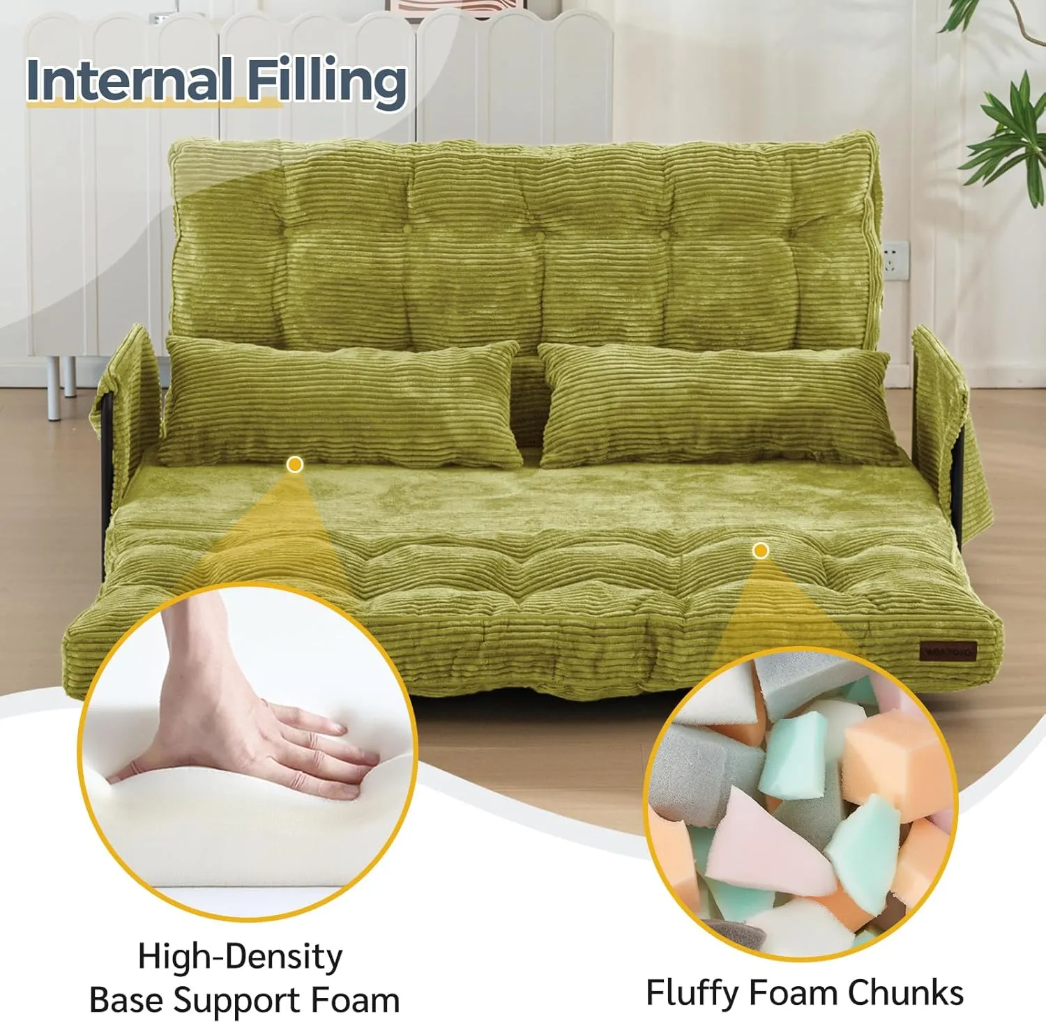 MAXYOYO Adjustable Floor Sofa Couch with 2 Pillows, Multi-Functional Bean Bag Bed, 5-Position Foldable Lazy Sofa Sleeper Bed with Armrest, Versatile Floor Seating for Reading, Green, Double
