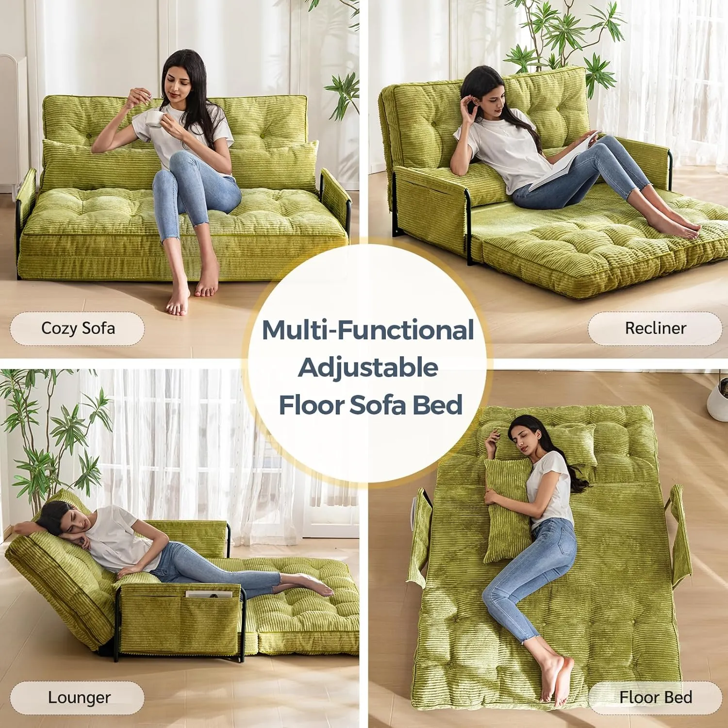 MAXYOYO Adjustable Floor Sofa Couch with 2 Pillows, Multi-Functional Bean Bag Bed, 5-Position Foldable Lazy Sofa Sleeper Bed with Armrest, Versatile Floor Seating for Reading, Green, Double
