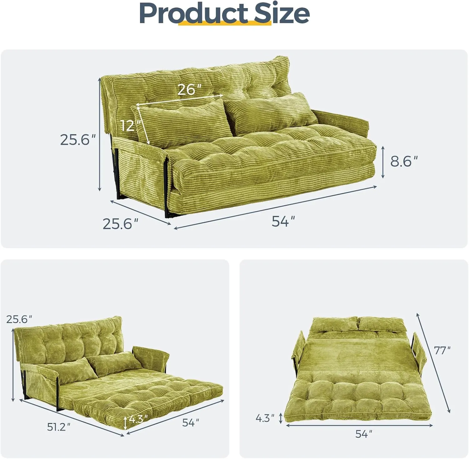 MAXYOYO Adjustable Floor Sofa Couch with 2 Pillows, Multi-Functional Bean Bag Bed, 5-Position Foldable Lazy Sofa Sleeper Bed with Armrest, Versatile Floor Seating for Reading, Green, Double