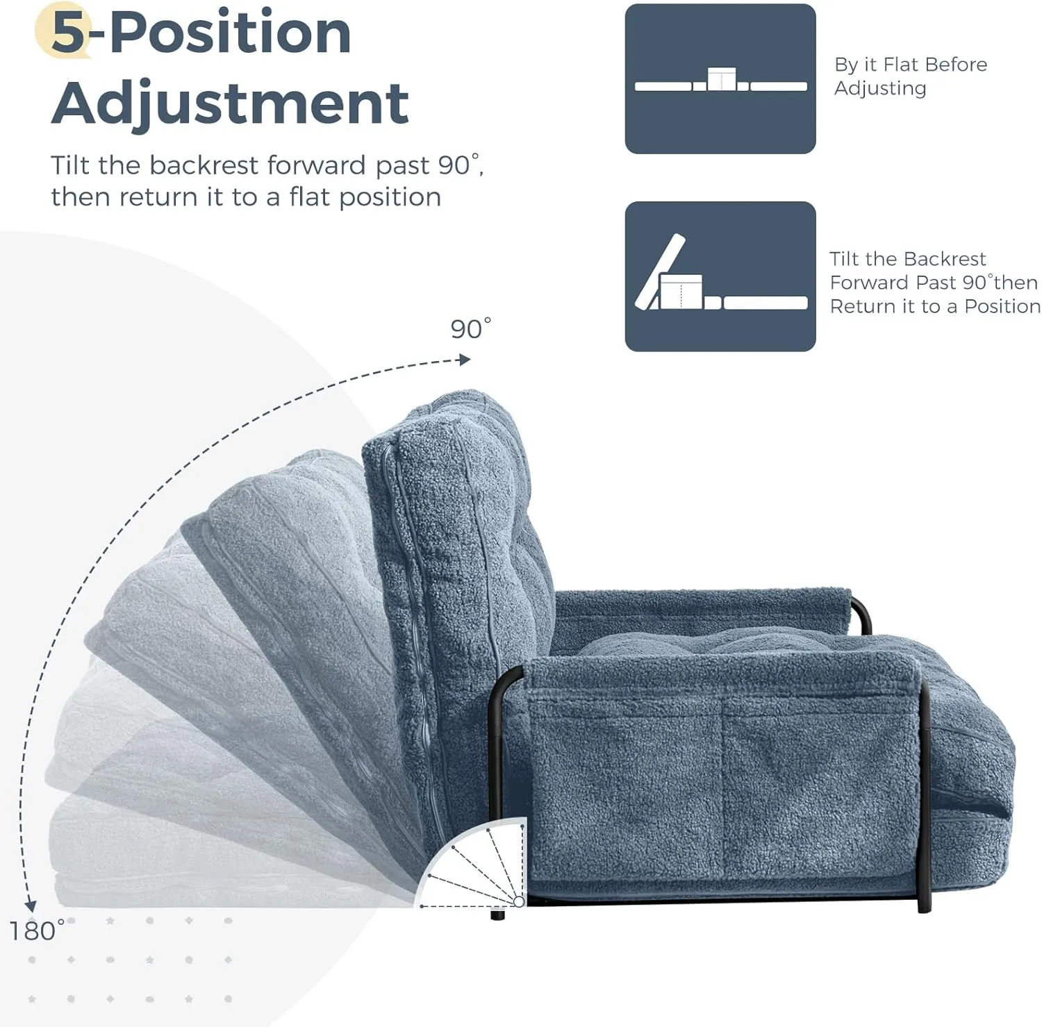 MAXYOYO Adjustable Floor Sofa Couch with Pillow, 5-Position Boucle Bean Bag Bed, Convertible Lazy Sofa Sleeper Bed with Armrest, Versatile Floor Seating Sofa for Living Room, Dusty Blue, Single