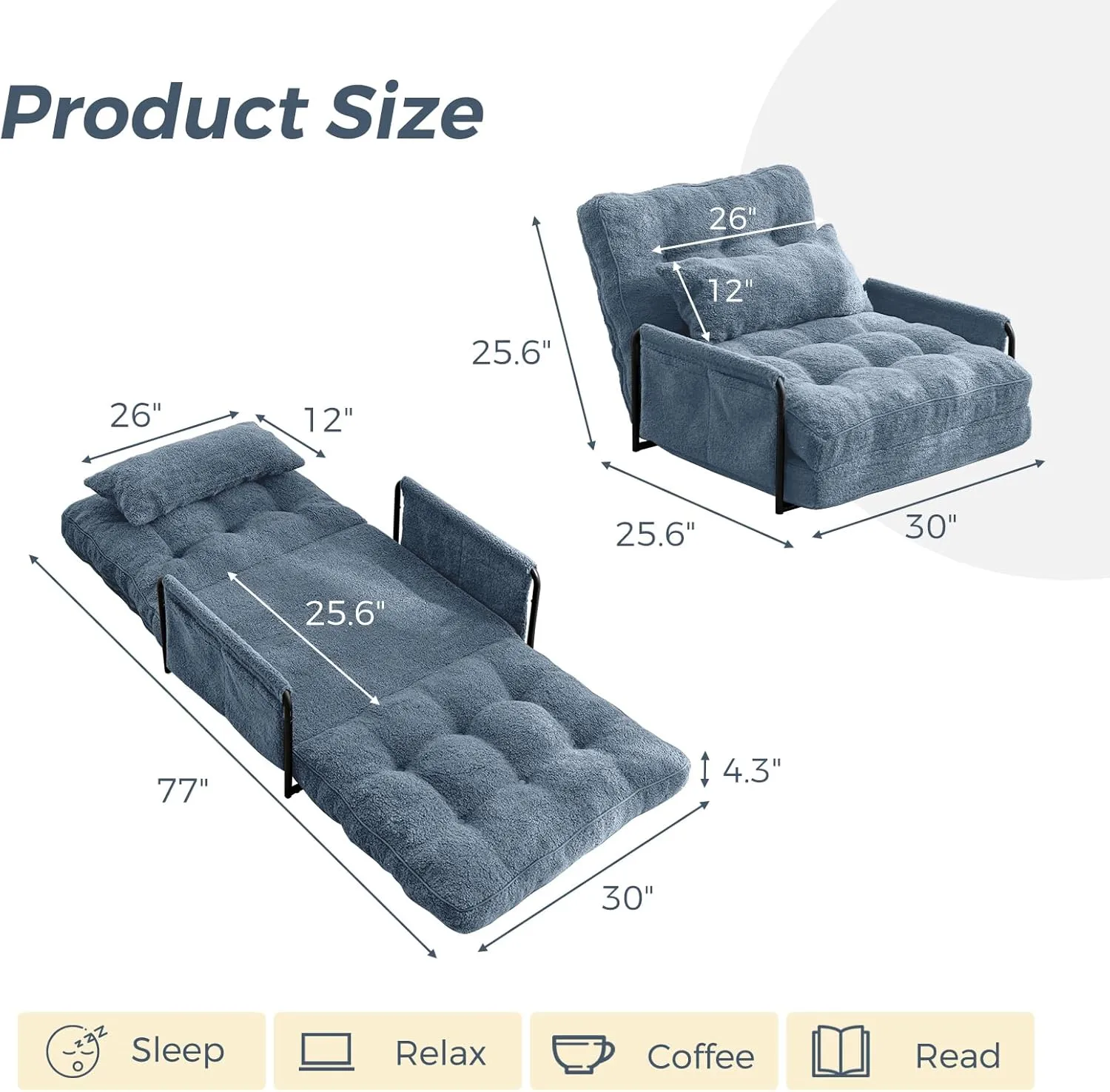 MAXYOYO Adjustable Floor Sofa Couch with Pillow, 5-Position Boucle Bean Bag Bed, Convertible Lazy Sofa Sleeper Bed with Armrest, Versatile Floor Seating Sofa for Living Room, Dusty Blue, Single