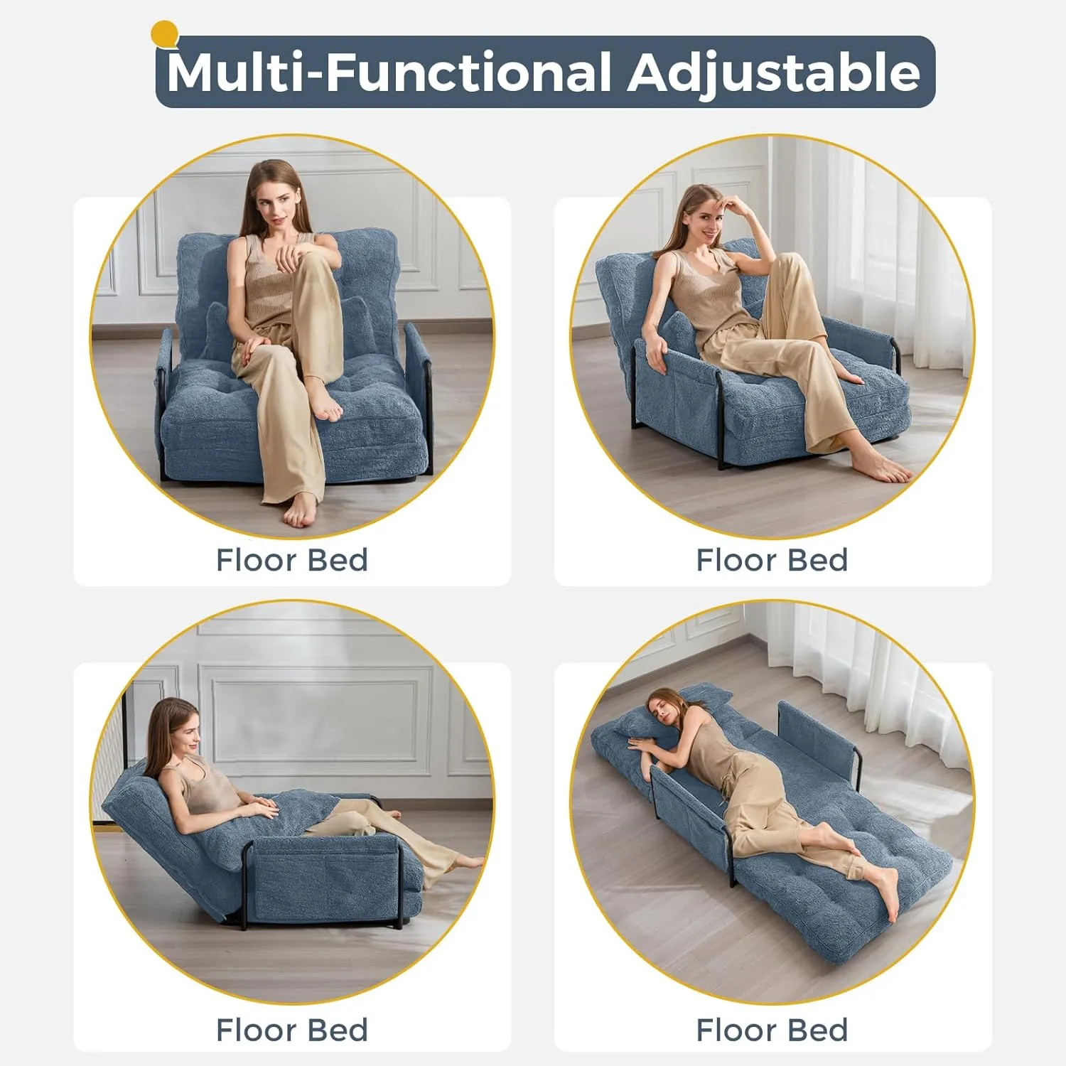 MAXYOYO Adjustable Floor Sofa Couch with Pillow, 5-Position Boucle Bean Bag Bed, Convertible Lazy Sofa Sleeper Bed with Armrest, Versatile Floor Seating Sofa for Living Room, Dusty Blue, Single