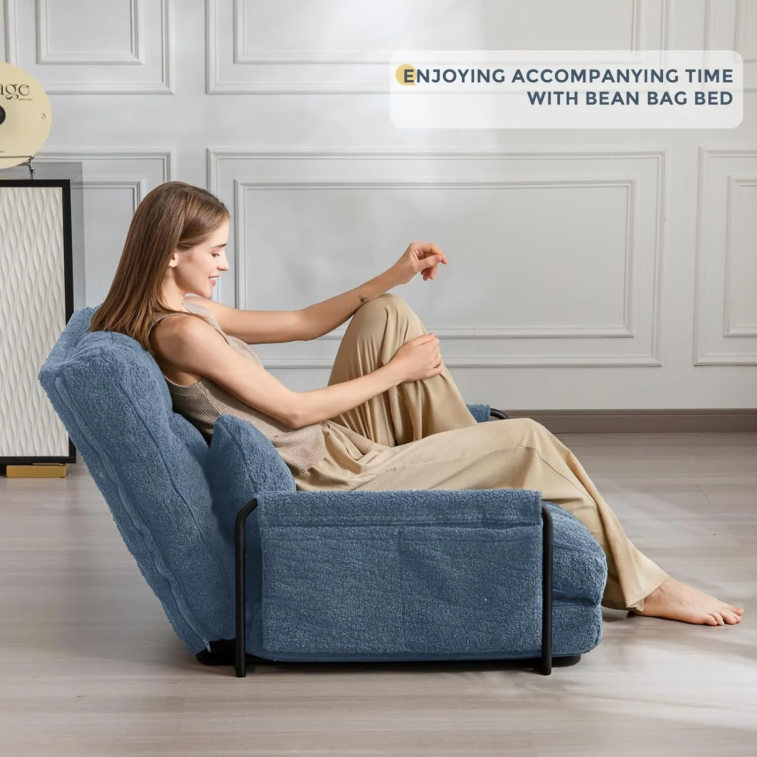 MAXYOYO Adjustable Floor Sofa Couch with Pillow, 5-Position Boucle Bean Bag Bed, Convertible Lazy Sofa Sleeper Bed with Armrest, Versatile Floor Seating Sofa for Living Room, Dusty Blue, Single