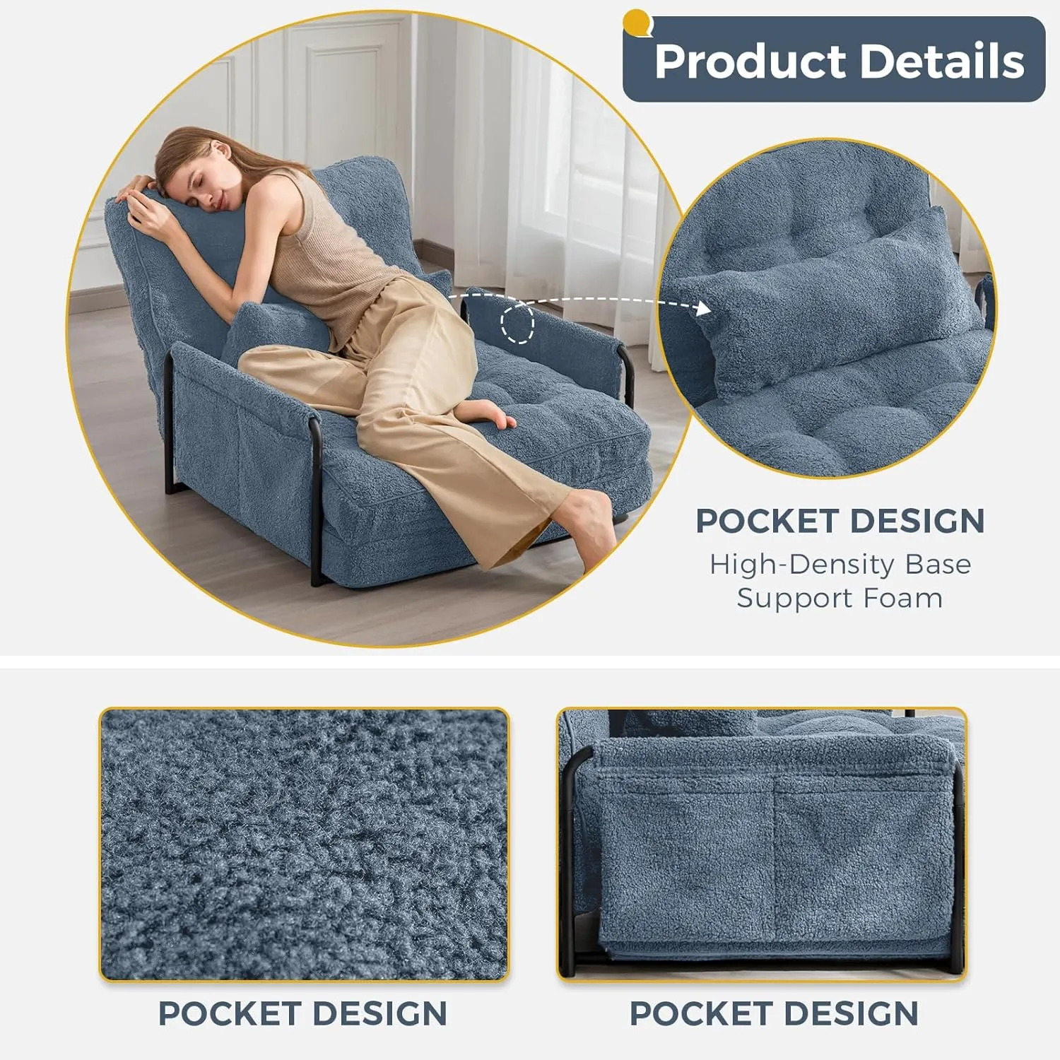 MAXYOYO Adjustable Floor Sofa Couch with Pillow, 5-Position Boucle Bean Bag Bed, Convertible Lazy Sofa Sleeper Bed with Armrest, Versatile Floor Seating Sofa for Living Room, Dusty Blue, Single