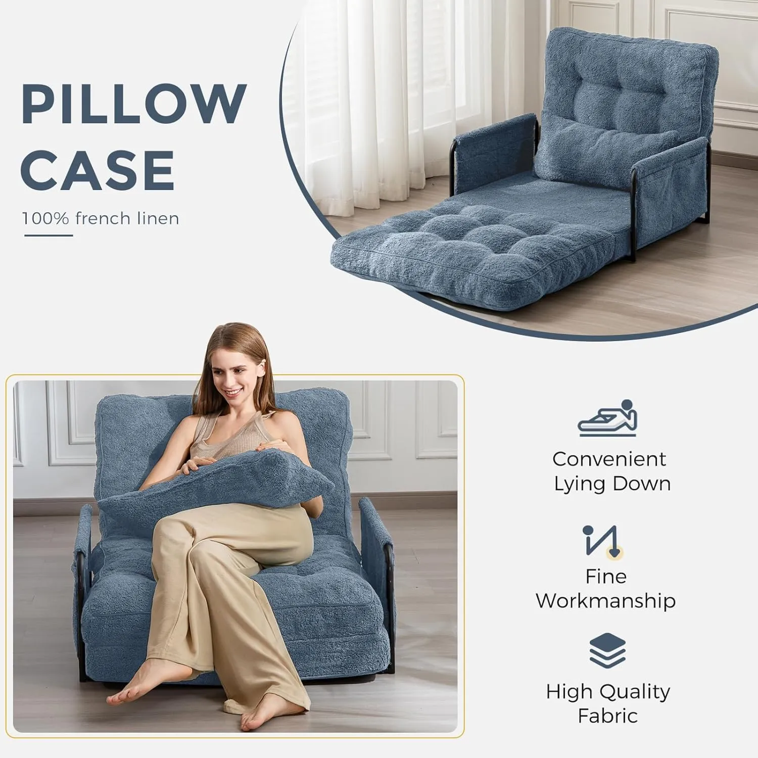MAXYOYO Adjustable Floor Sofa Couch with Pillow, 5-Position Boucle Bean Bag Bed, Convertible Lazy Sofa Sleeper Bed with Armrest, Versatile Floor Seating Sofa for Living Room, Dusty Blue, Single