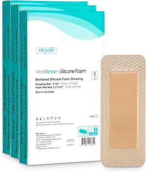 MedVanceTM Silicone - Bordered Silicone Adhesive Foam Dressing, 2"x5" (1.2"x3.4" pad) 15 Dressings