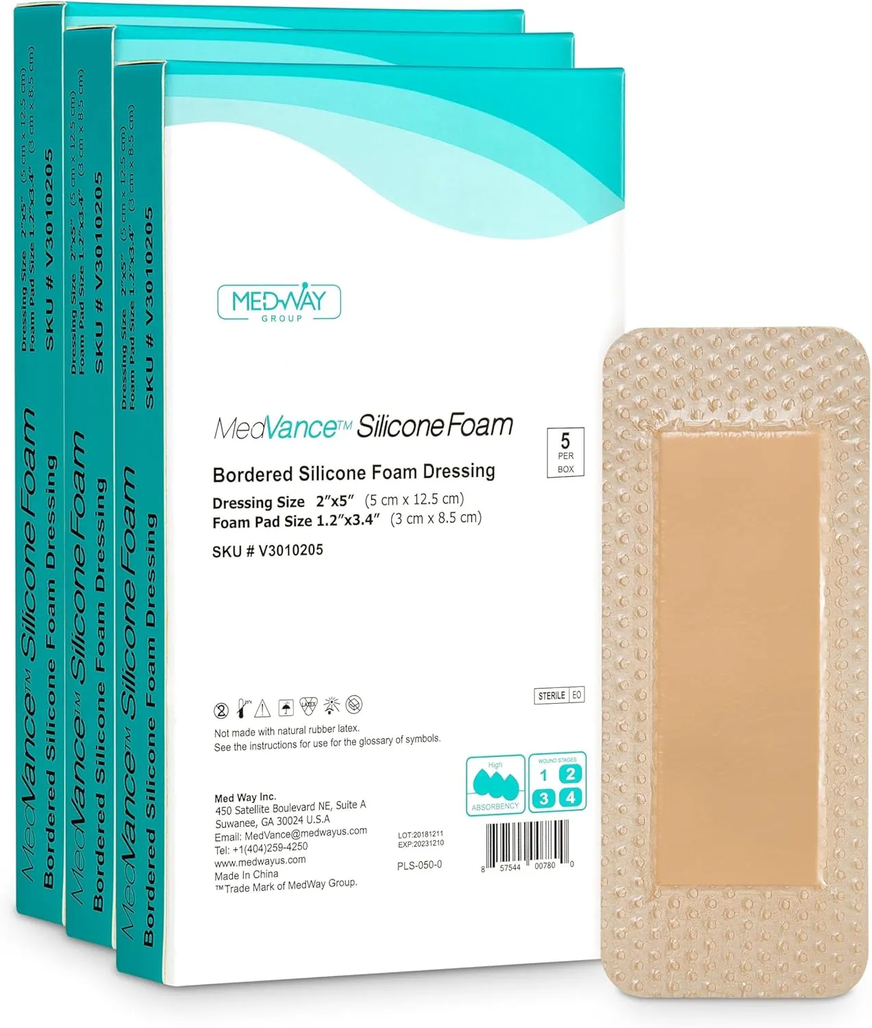 MedVanceTM Silicone - Bordered Silicone Adhesive Foam Dressing, 2"x5" (1.2"x3.4" pad) 15 Dressings