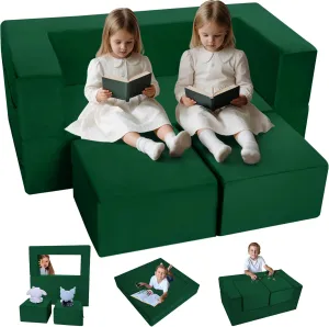 MeMoreCool Modular Kids Play Couch Sofa – Green Convertible Toddler Couch, Fold-Out Plush Foam Chair for Children’s Playroom