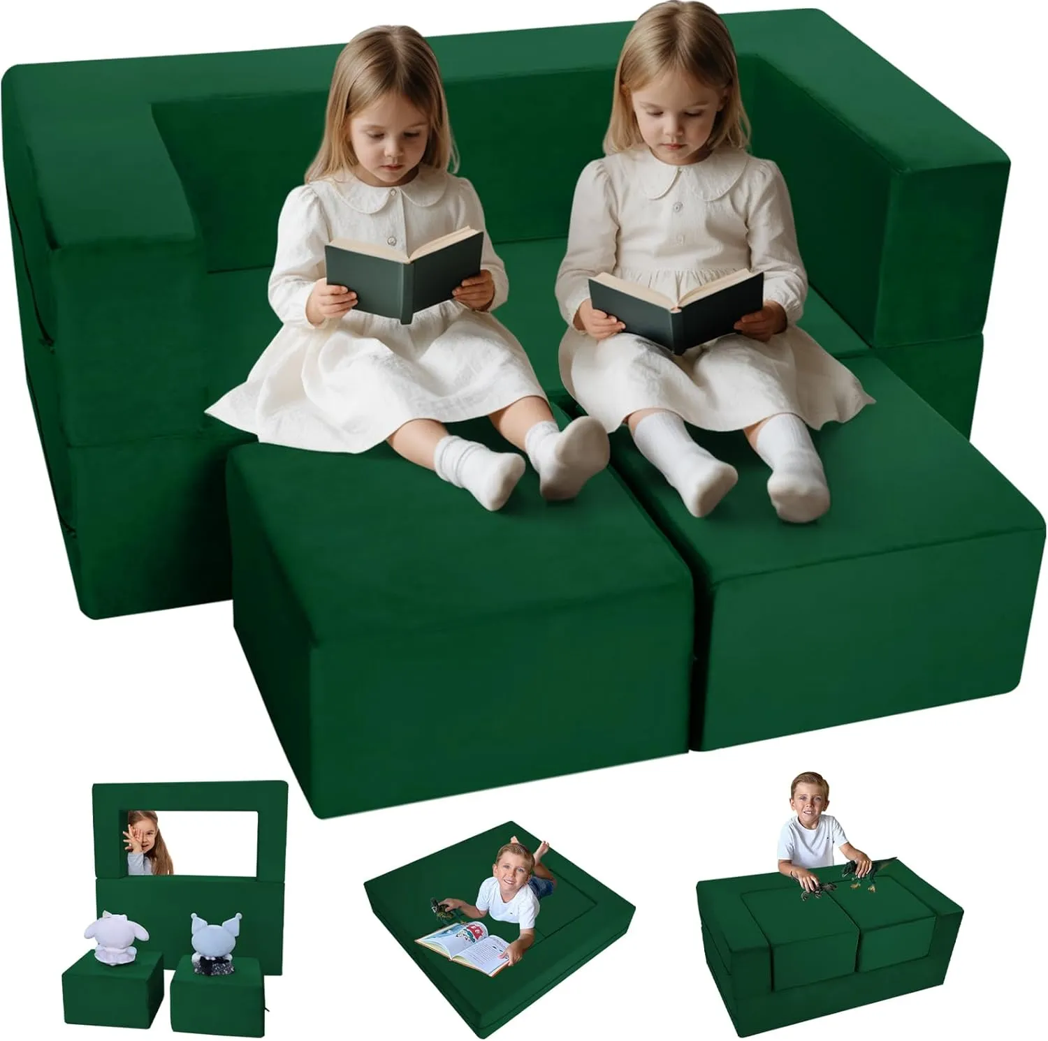 MeMoreCool Modular Kids Play Couch Sofa – Green Convertible Toddler Couch, Fold-Out Plush Foam Chair for Children’s Playroom