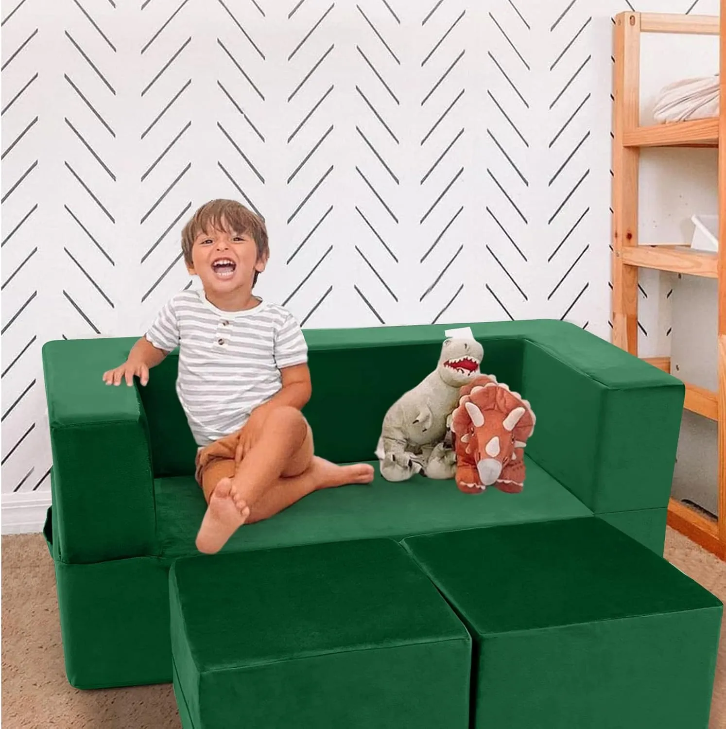 MeMoreCool Modular Kids Play Couch Sofa – Green Convertible Toddler Couch, Fold-Out Plush Foam Chair for Children’s Playroom