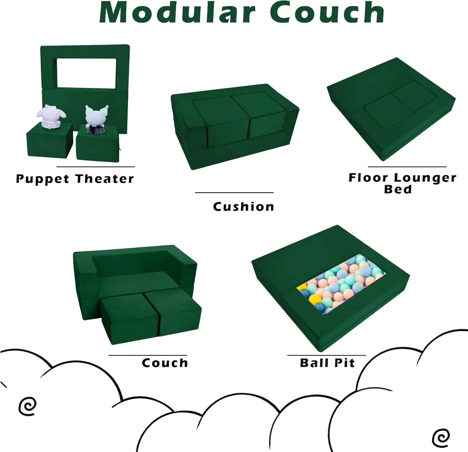 MeMoreCool Modular Kids Play Couch Sofa – Green Convertible Toddler Couch, Fold-Out Plush Foam Chair for Children’s Playroom
