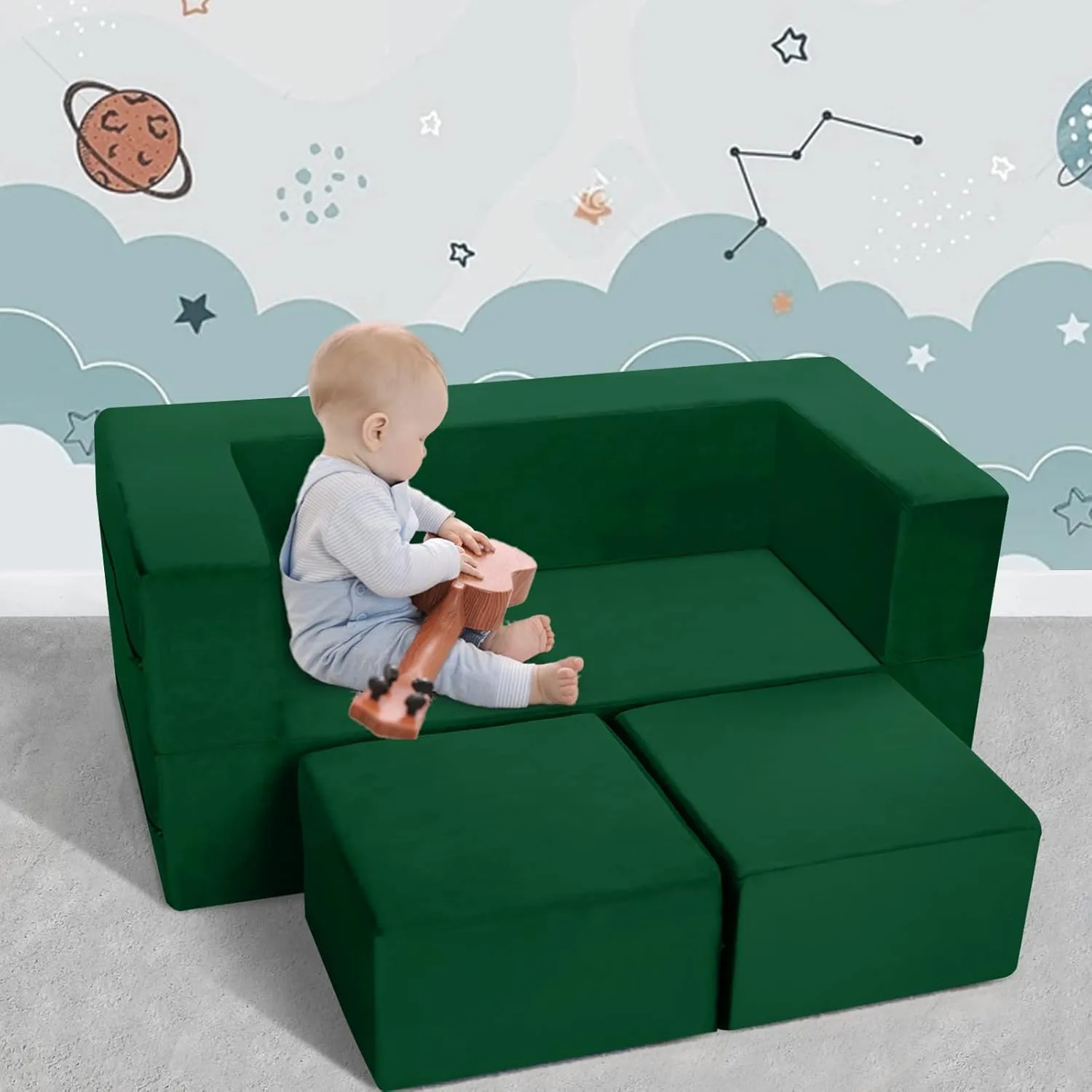 MeMoreCool Modular Kids Play Couch Sofa – Green Convertible Toddler Couch, Fold-Out Plush Foam Chair for Children’s Playroom