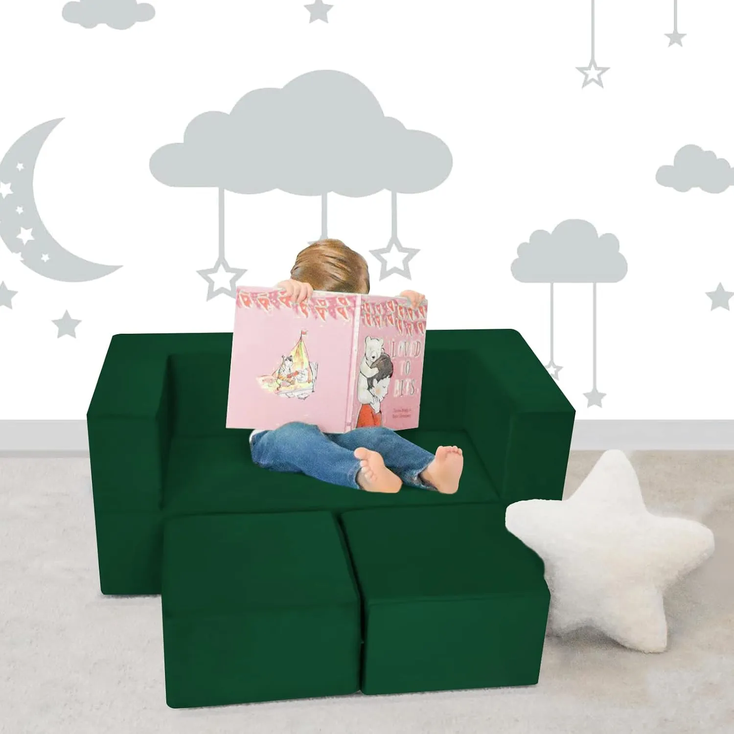 MeMoreCool Modular Kids Play Couch Sofa – Green Convertible Toddler Couch, Fold-Out Plush Foam Chair for Children’s Playroom
