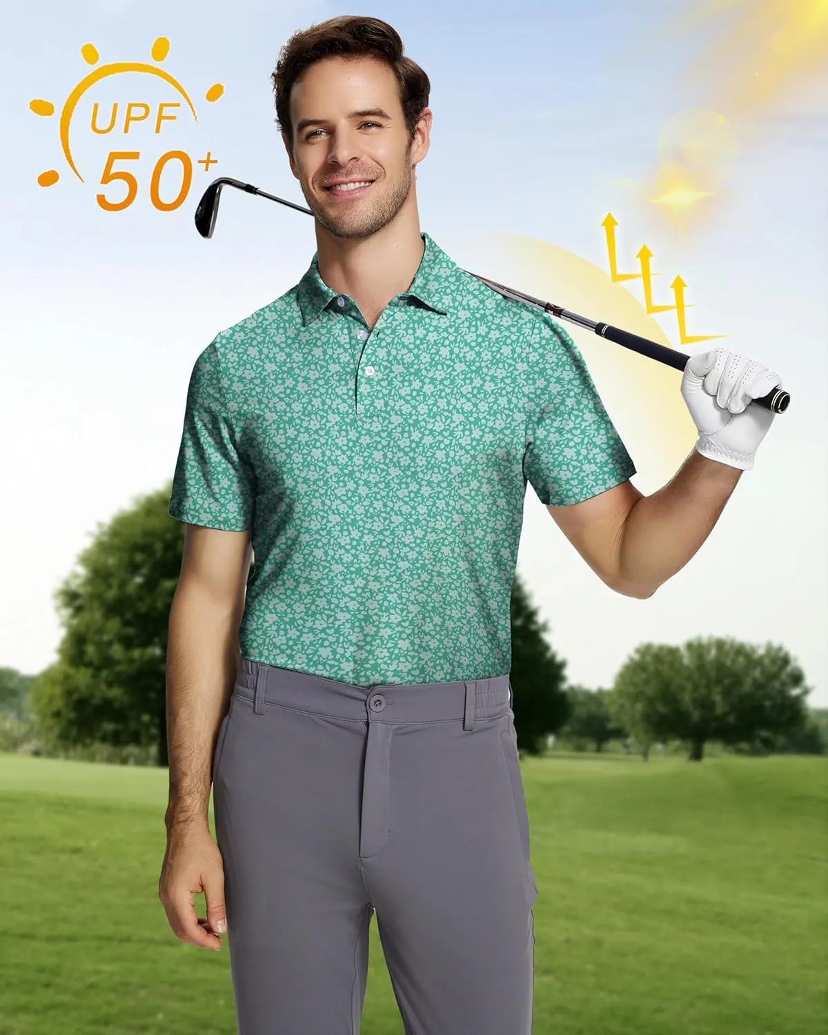Mens Golf Shirt Short Sleeve Funny Print Golf Polo Shirts for Men Lightweight Dry Fit Quick Dry Collared Golf Polos