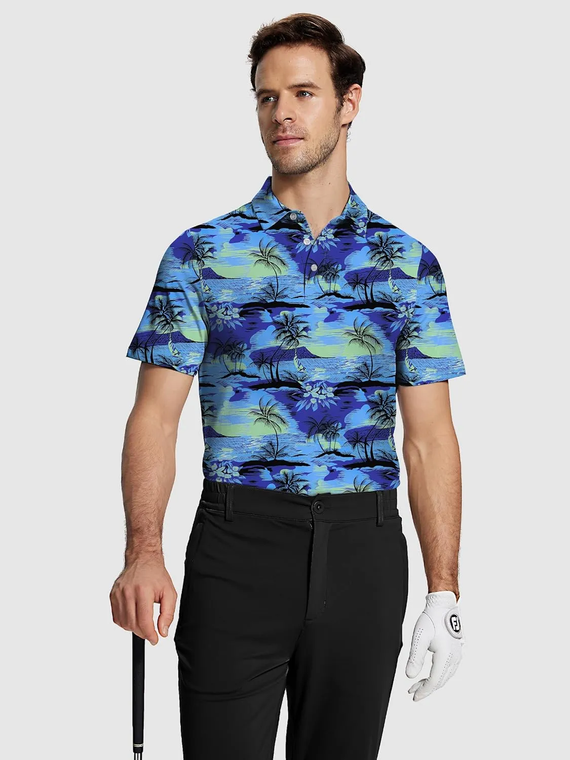 Mens Golf Shirt Short Sleeve Funny Print Golf Polo Shirts for Men Lightweight Dry Fit Quick Dry Collared Golf Polos