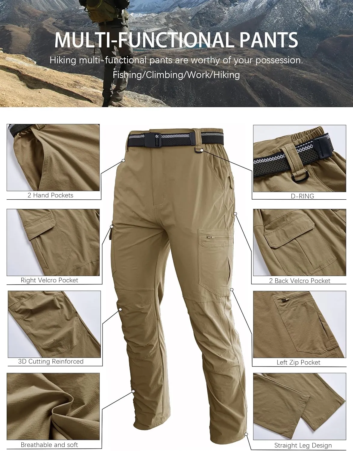 Men's Hiking Cargo Work Pants Lightweight Waterproof Quick Dry Camping Fishing Travel Outdoor Pants