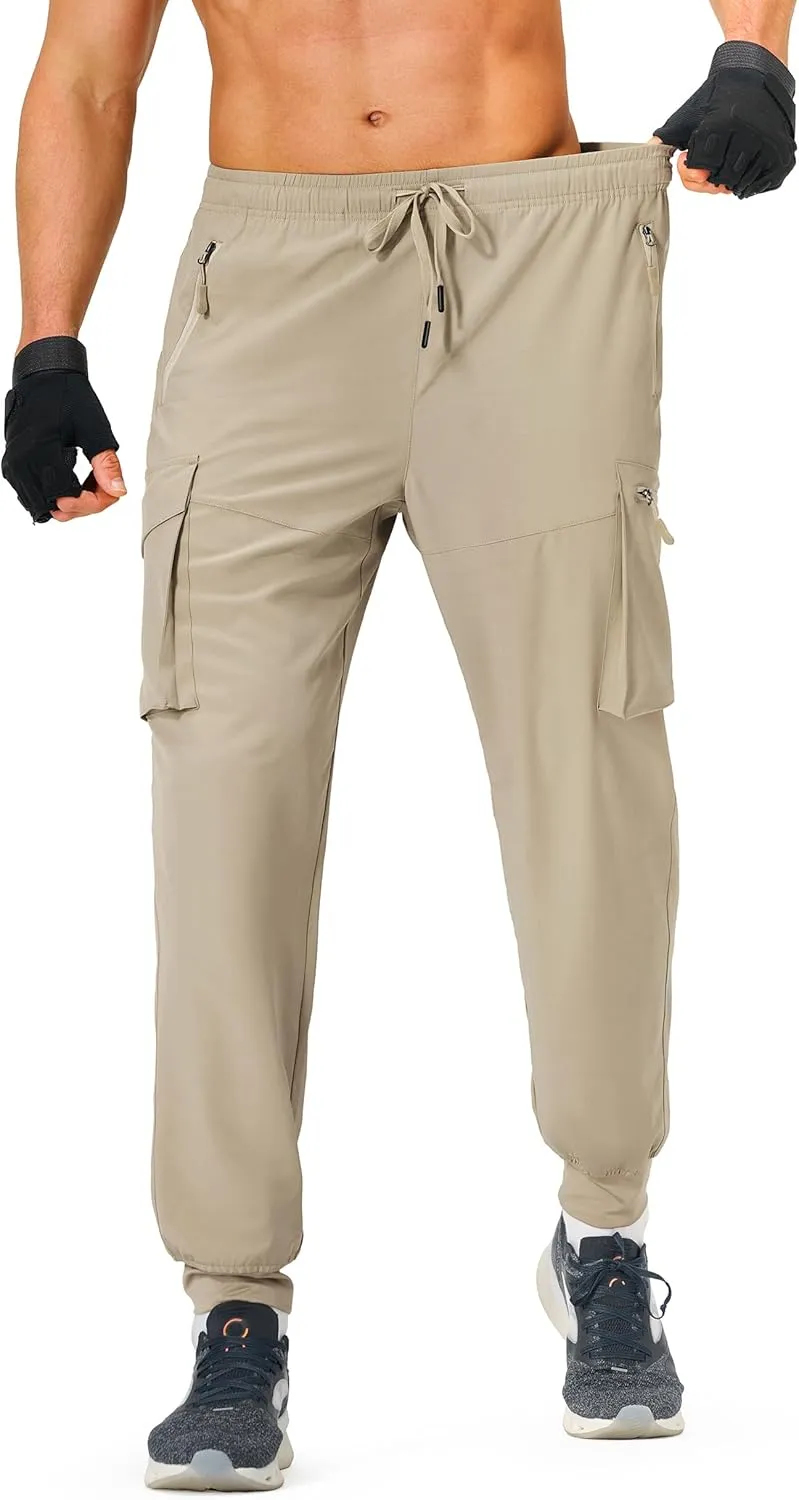 Men's Hiking Pants Cargo Lightweight Quick Dry Elastic Waist Golf Joggers with Zipper Pockets Water Resistant