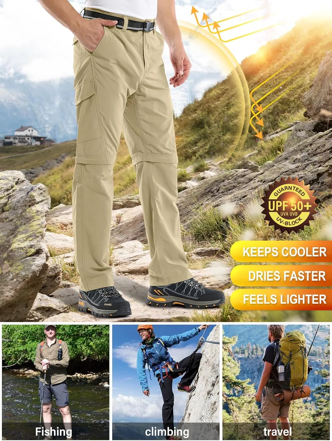 Mens Hiking Pants Convertible Outdoor Waterproof Quick Dry Zip Off Lightweight Travel Fishing Boy Scout Pants