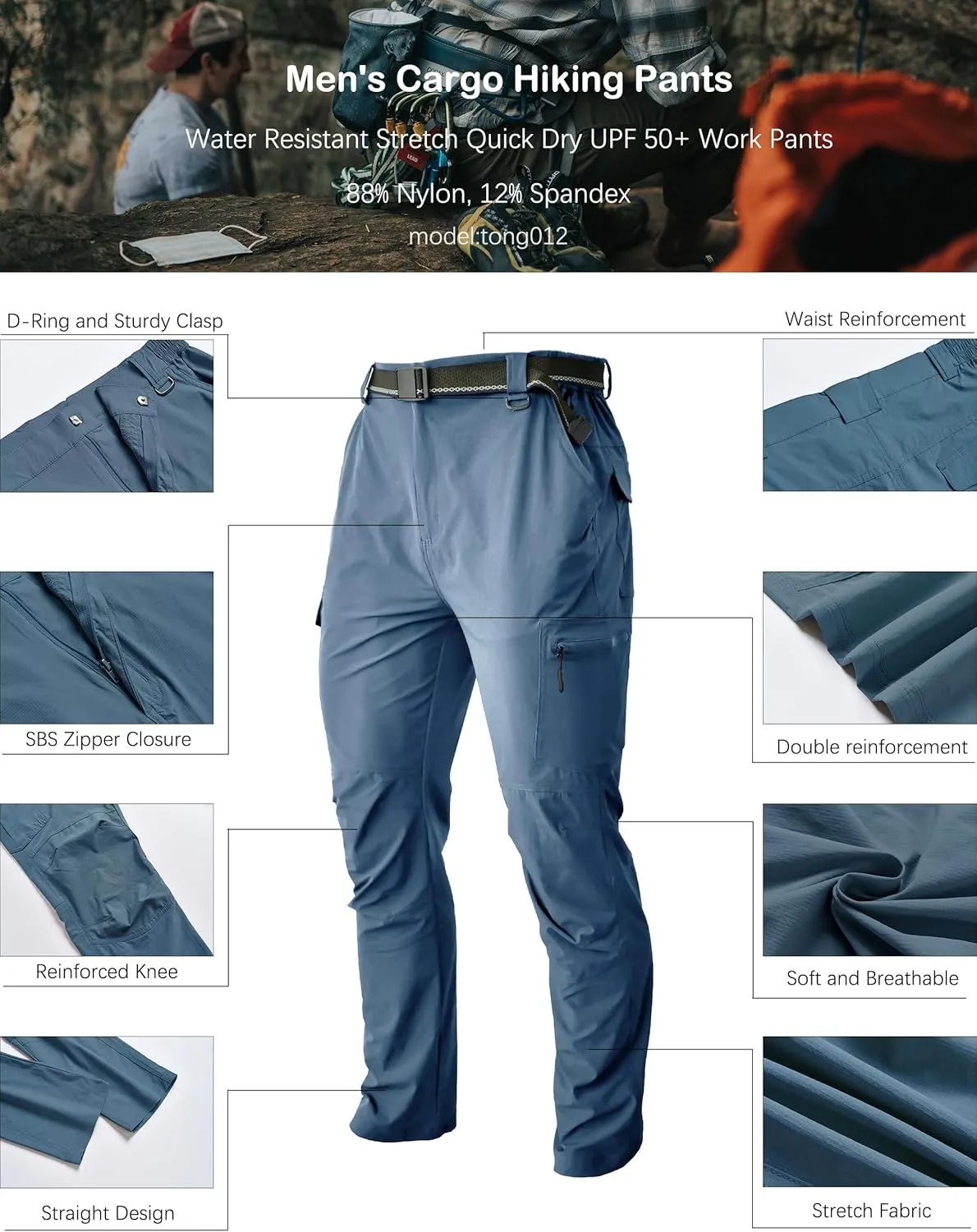 Men's Hiking Tactical Cargo Work Pants Quick Dry Waterproof Lightweight Travel Fishing Camping Outdoor Pants