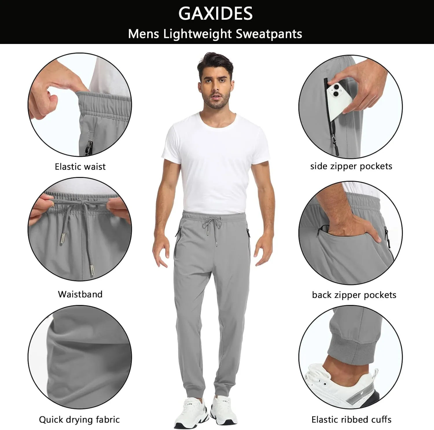 Men's Lightweight Jogger Pants Quick Dry Athletic Hiking Pants for Men with 3 Zipper Pockets
