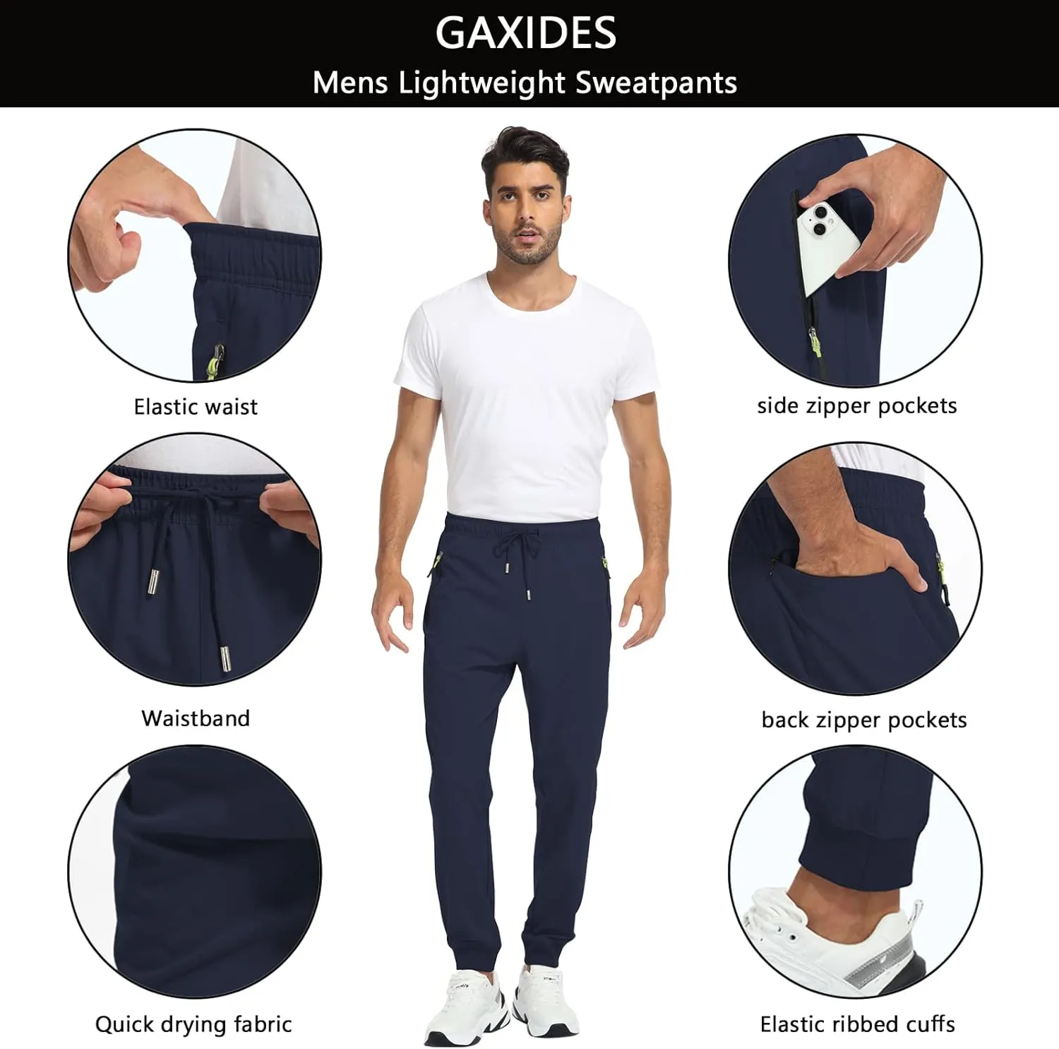 Men's Lightweight Jogger Pants Quick Dry Athletic Hiking Pants for Men with 3 Zipper Pockets