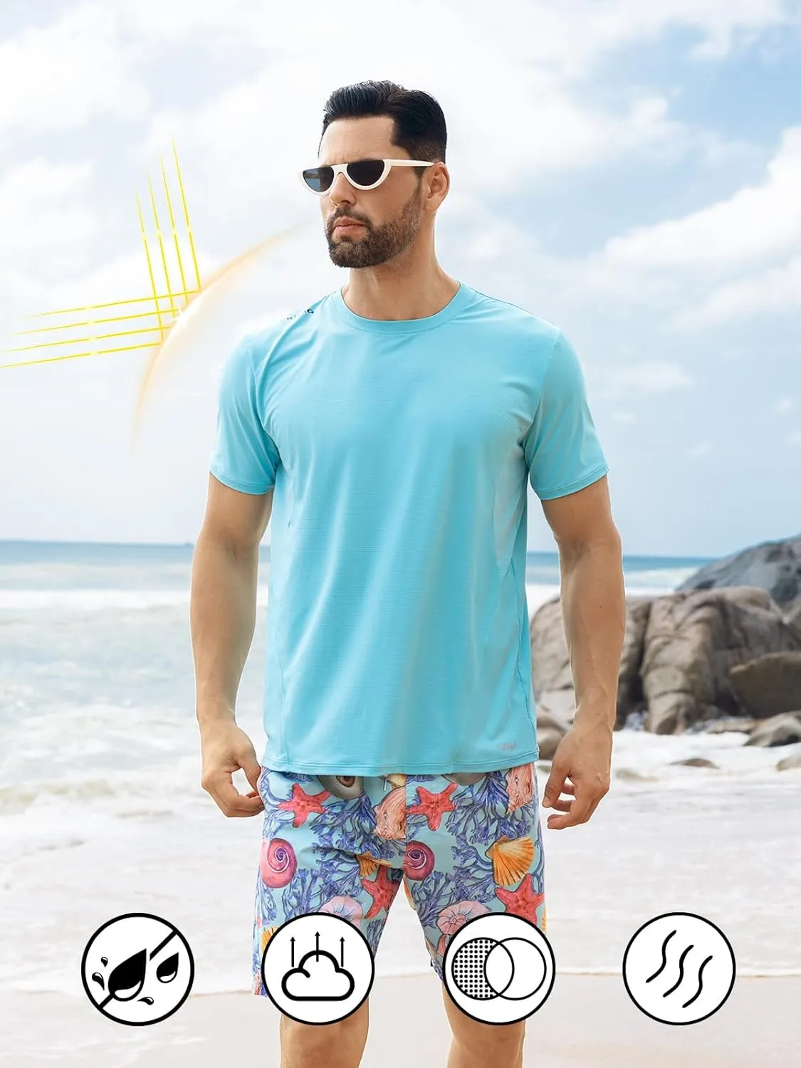 Men's Rash Guard Swim Shirts UPF 50  Short Sleeve Fishing Quick Dry Beach-Recommended Larger one