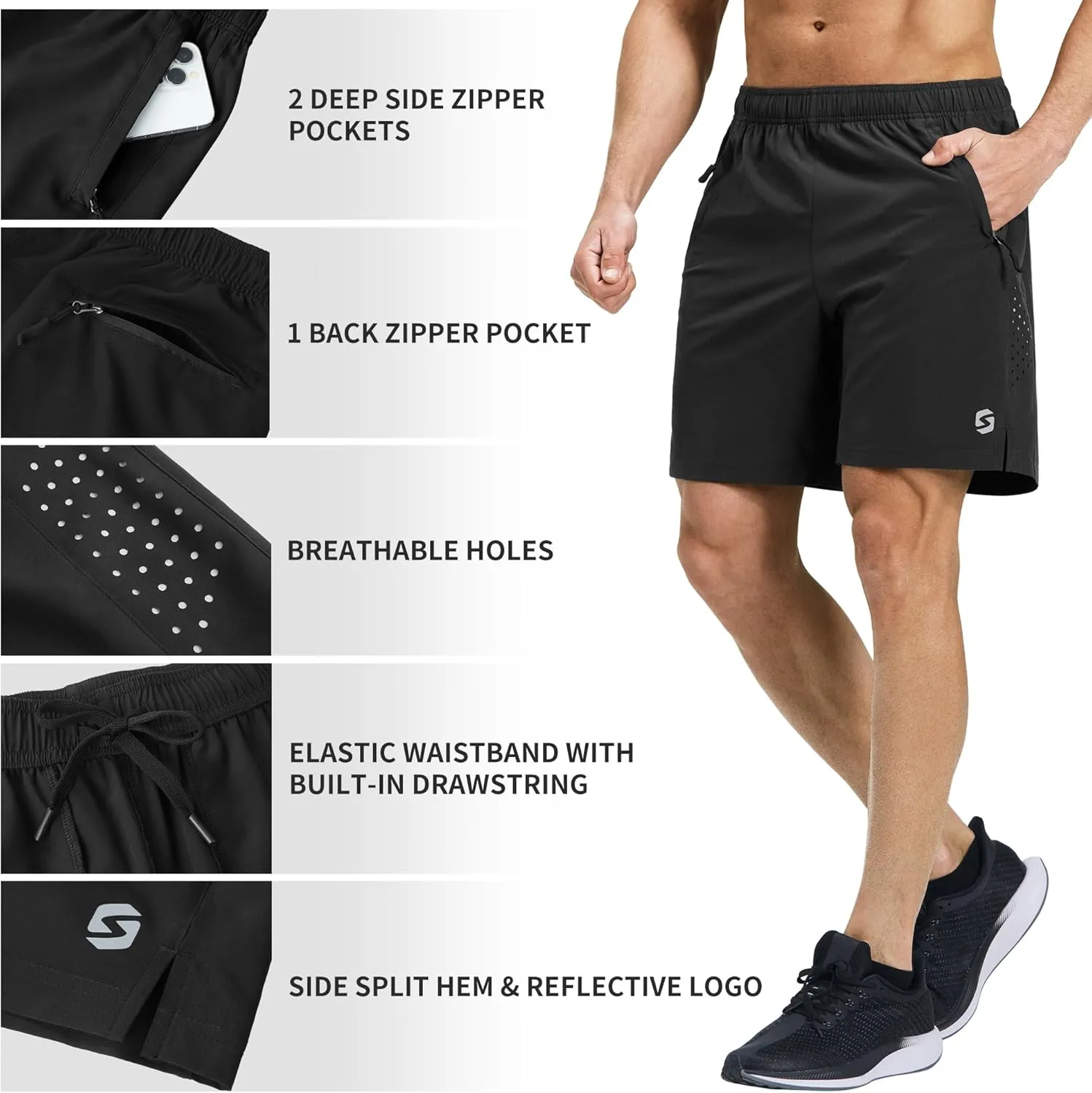 Men’s Running Athletic Shorts 7 Inch Quick Dry Lightweight Workout Gym Tennis Shorts 3 Zipper Pockets