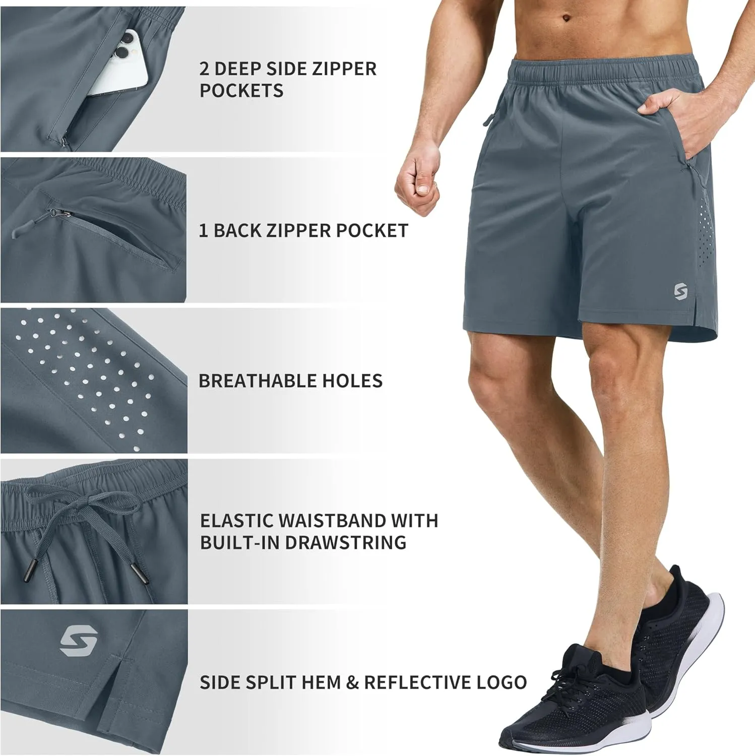 Men’s Running Athletic Shorts 7 Inch Quick Dry Lightweight Workout Gym Tennis Shorts 3 Zipper Pockets