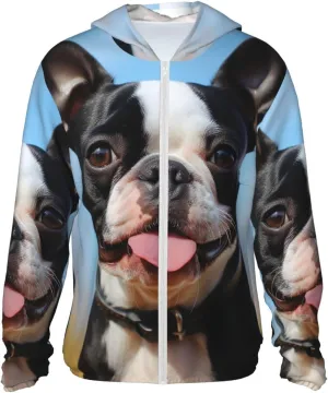 Men's UPF 50  Sun Protection Hoodie Lovely Boston Terrier Long Sleeve Sun Shirts Full Zip Light Fishing Jacket