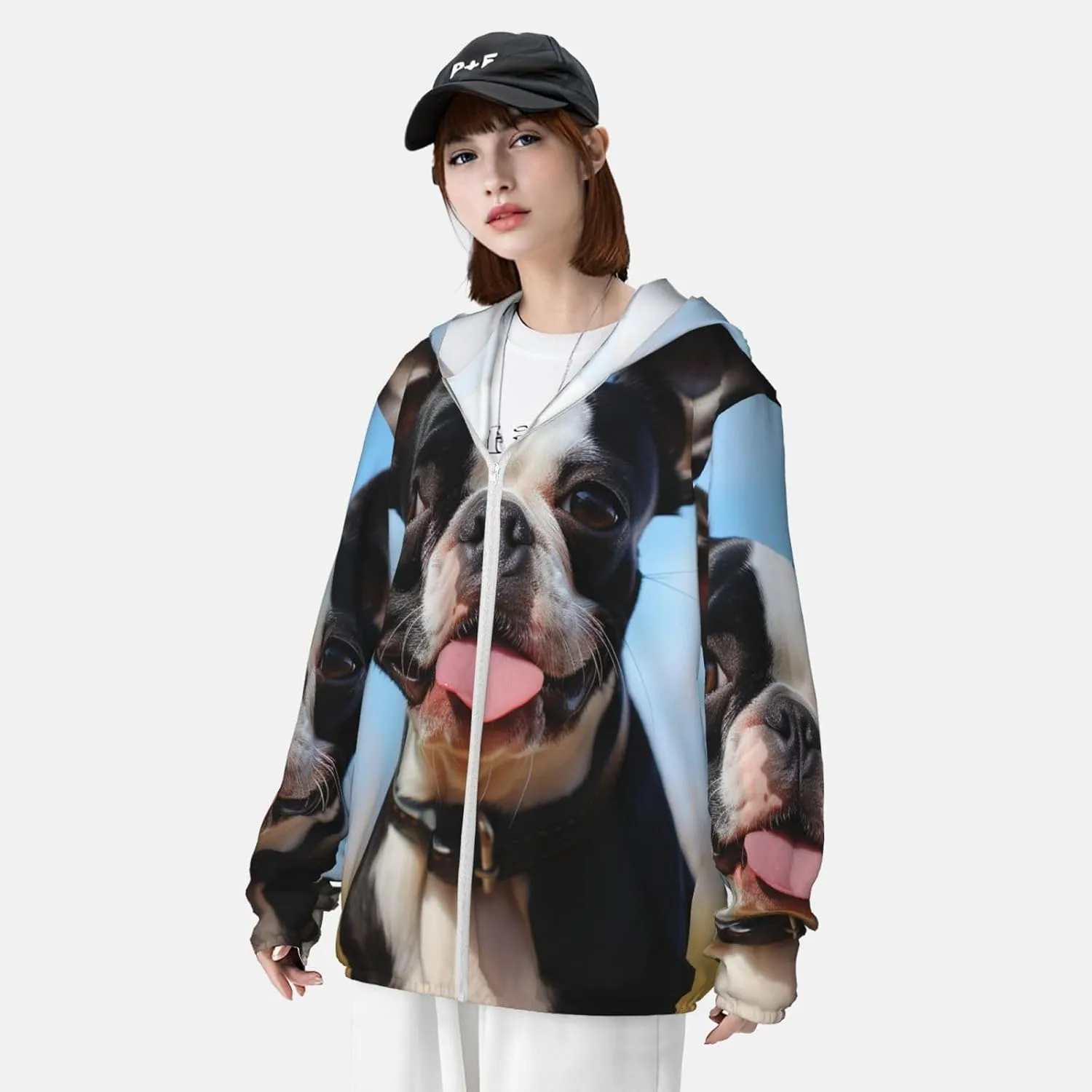 Men's UPF 50  Sun Protection Hoodie Lovely Boston Terrier Long Sleeve Sun Shirts Full Zip Light Fishing Jacket