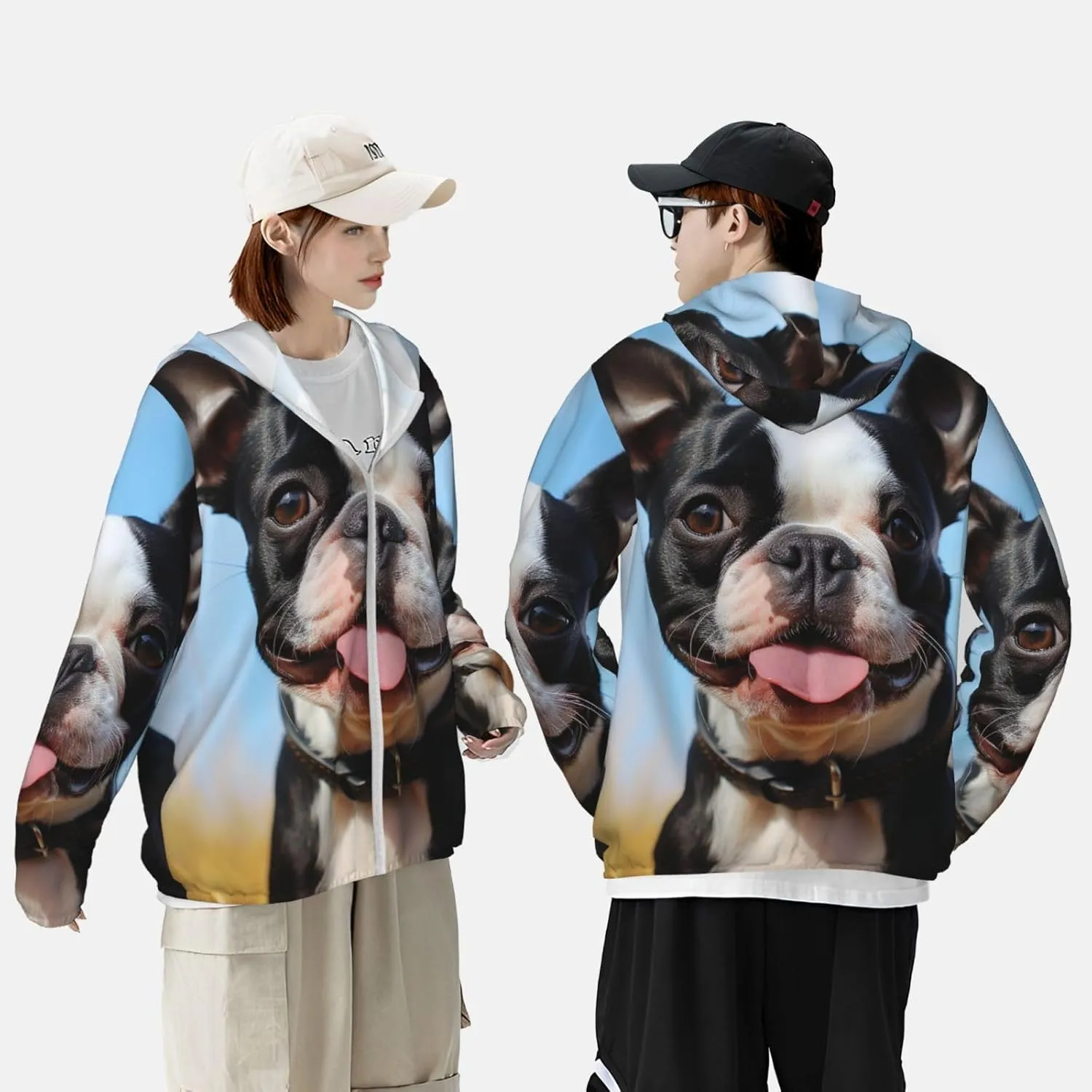 Men's UPF 50  Sun Protection Hoodie Lovely Boston Terrier Long Sleeve Sun Shirts Full Zip Light Fishing Jacket