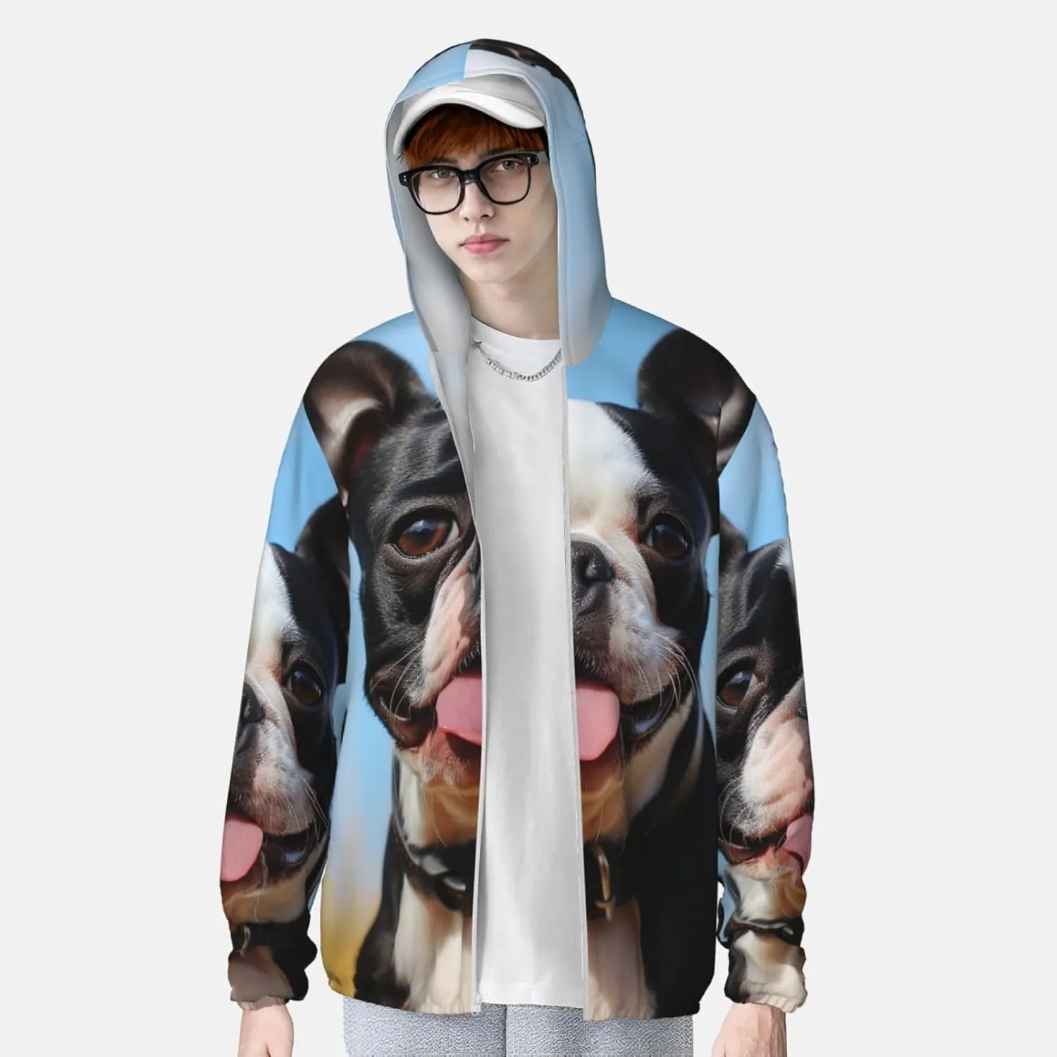 Men's UPF 50  Sun Protection Hoodie Lovely Boston Terrier Long Sleeve Sun Shirts Full Zip Light Fishing Jacket