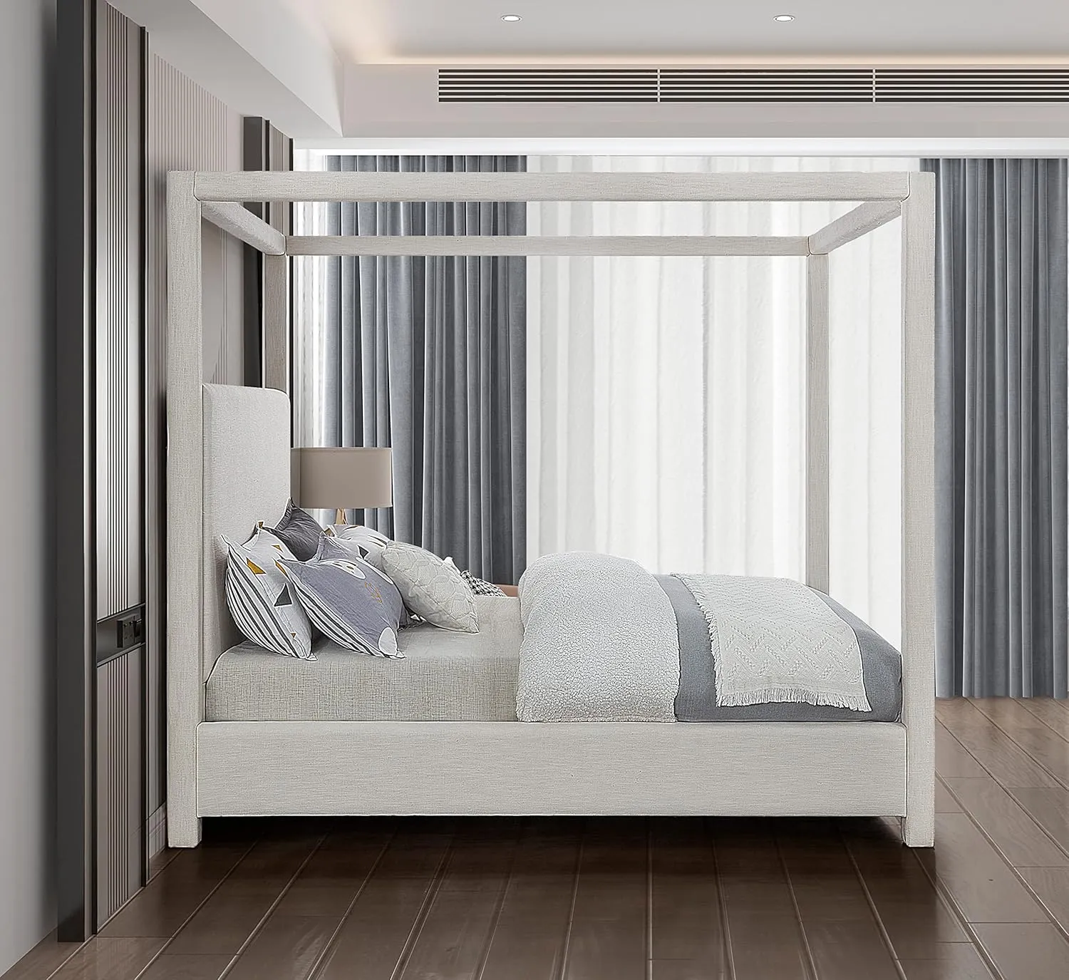 Meridian Furniture EmersonCream-K Emerson Collection Mid Century Modern Linen Textured Fabric Upholstered Canopy Bed, 83" W x 87.5" D x 79" H, Cream, King