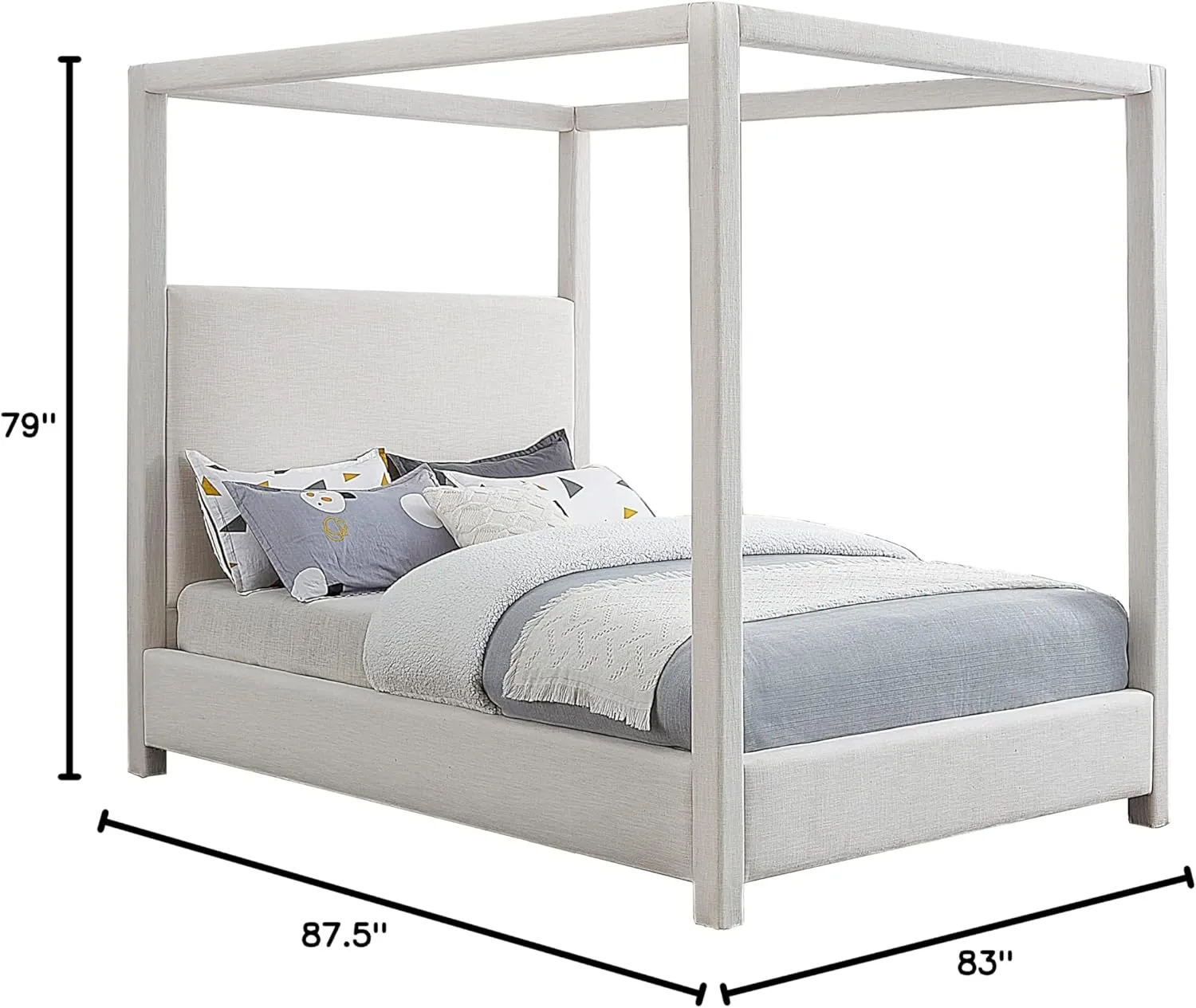 Meridian Furniture EmersonCream-K Emerson Collection Mid Century Modern Linen Textured Fabric Upholstered Canopy Bed, 83" W x 87.5" D x 79" H, Cream, King