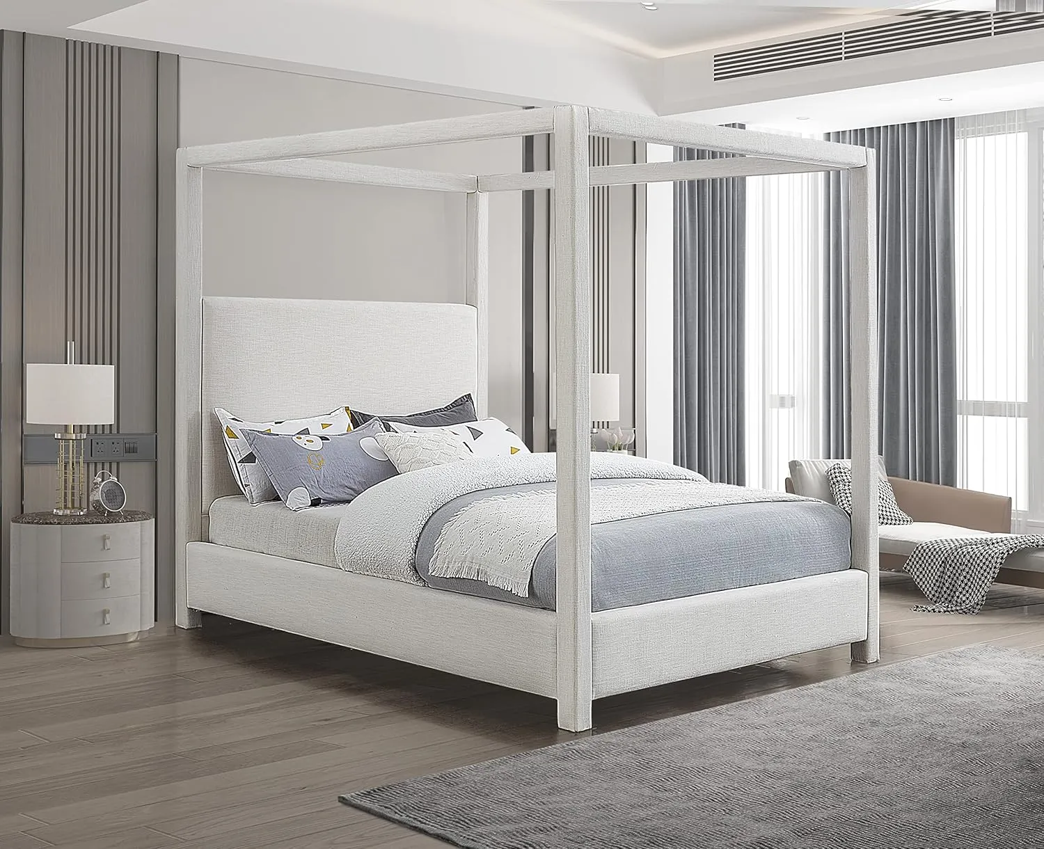 Meridian Furniture EmersonCream-K Emerson Collection Mid Century Modern Linen Textured Fabric Upholstered Canopy Bed, 83" W x 87.5" D x 79" H, Cream, King