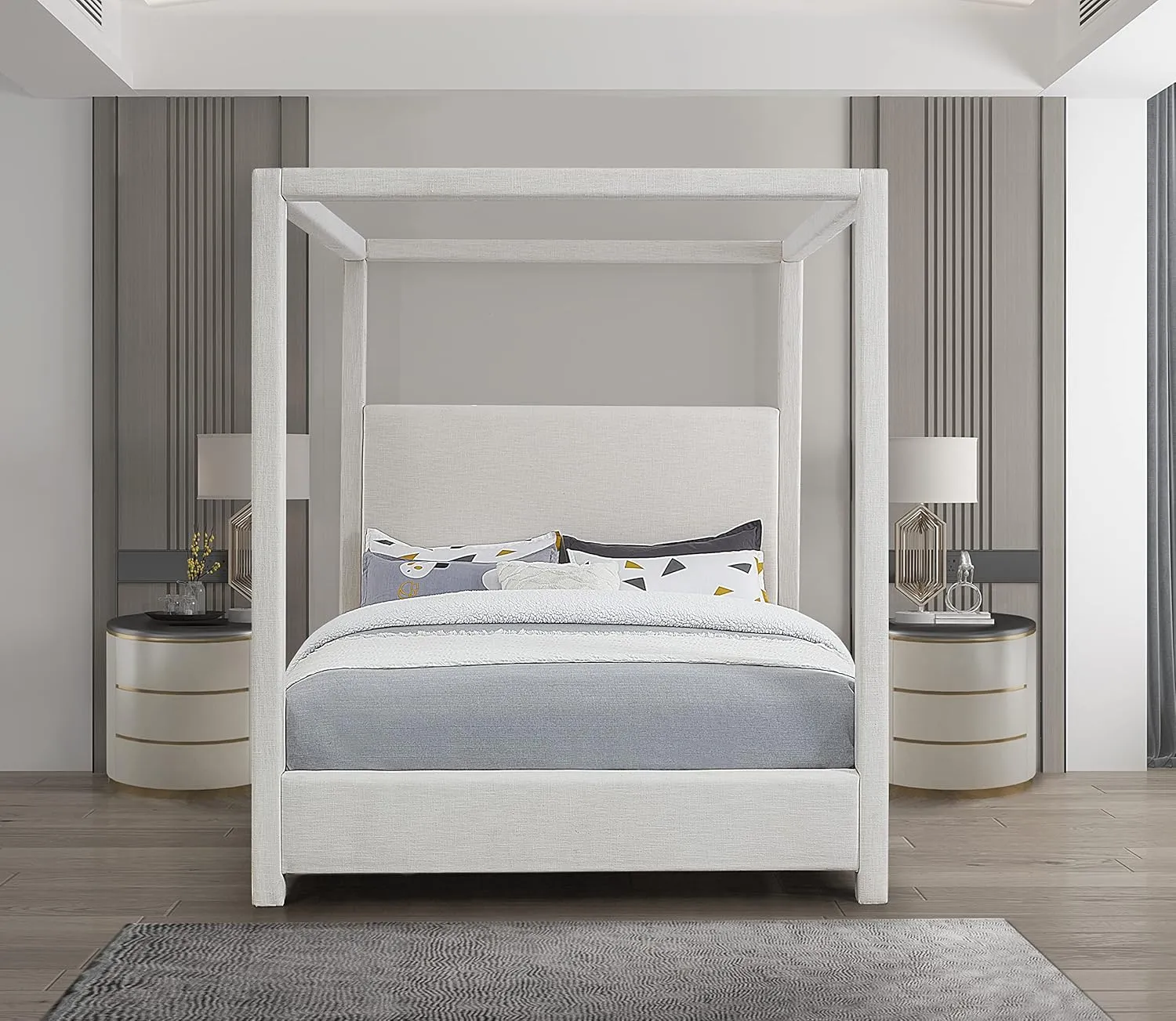 Meridian Furniture EmersonCream-K Emerson Collection Mid Century Modern Linen Textured Fabric Upholstered Canopy Bed, 83" W x 87.5" D x 79" H, Cream, King