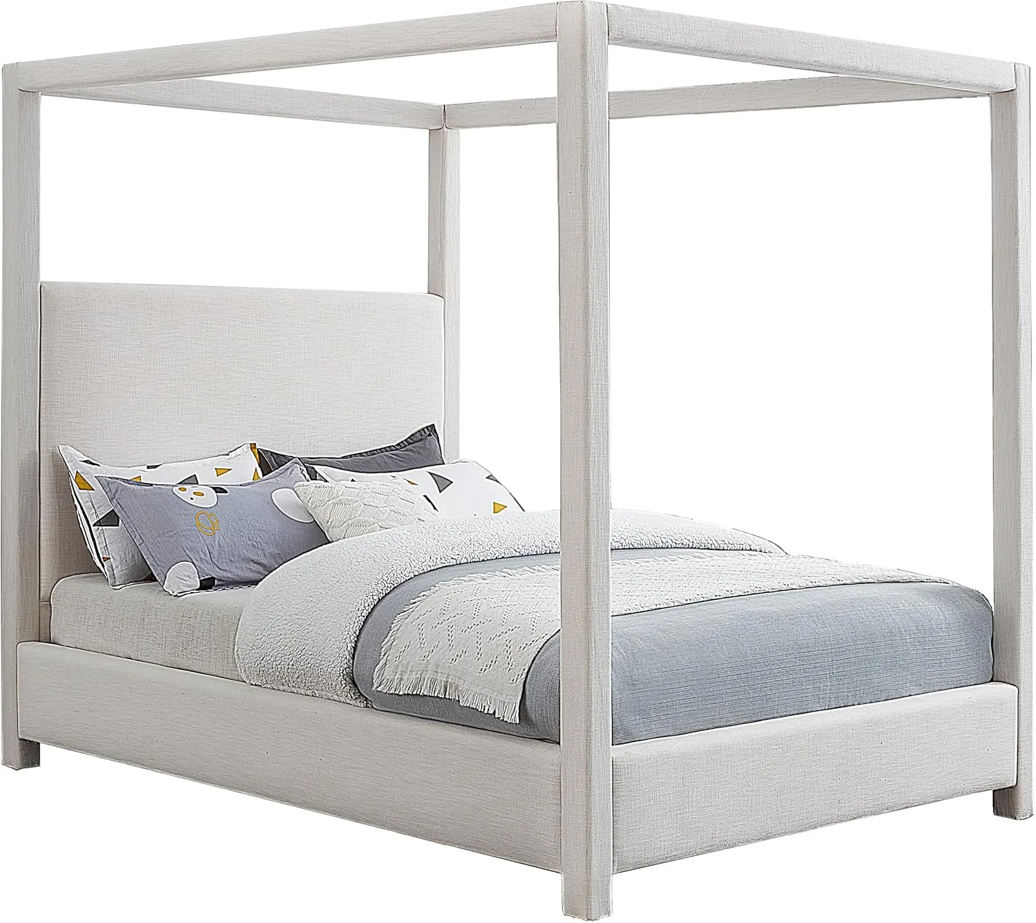Meridian Furniture EmersonCream-K Emerson Collection Mid Century Modern Linen Textured Fabric Upholstered Canopy Bed, 83" W x 87.5" D x 79" H, Cream, King