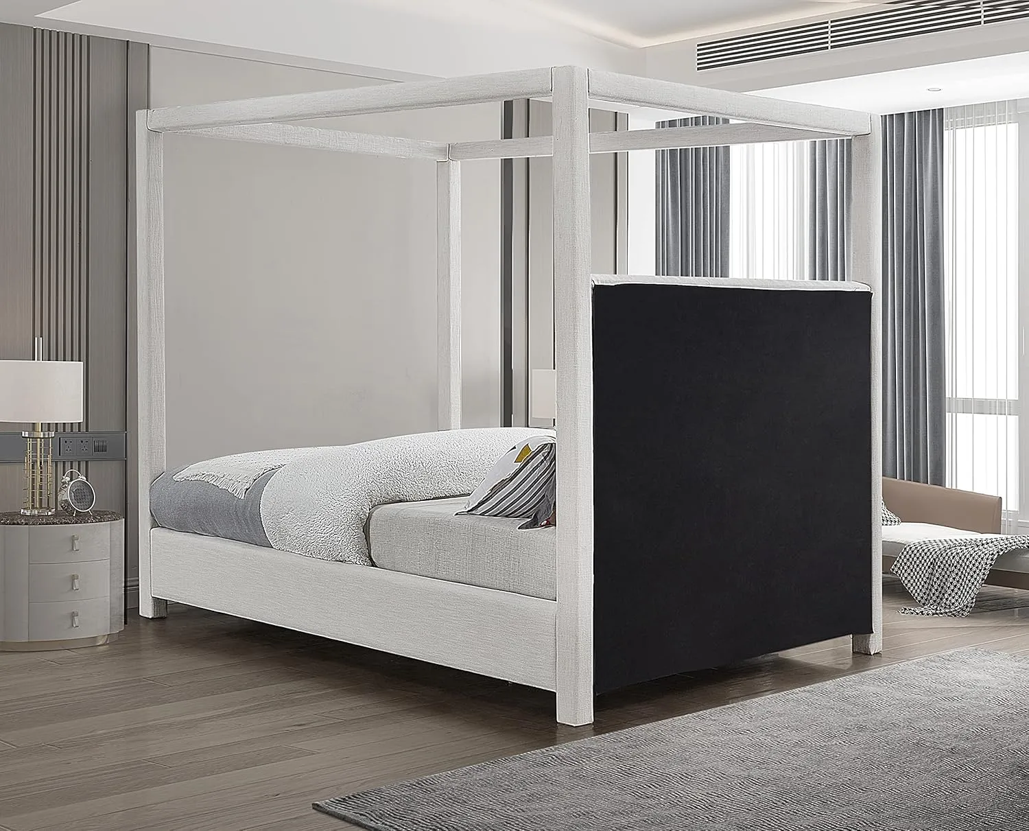 Meridian Furniture EmersonCream-K Emerson Collection Mid Century Modern Linen Textured Fabric Upholstered Canopy Bed, 83" W x 87.5" D x 79" H, Cream, King