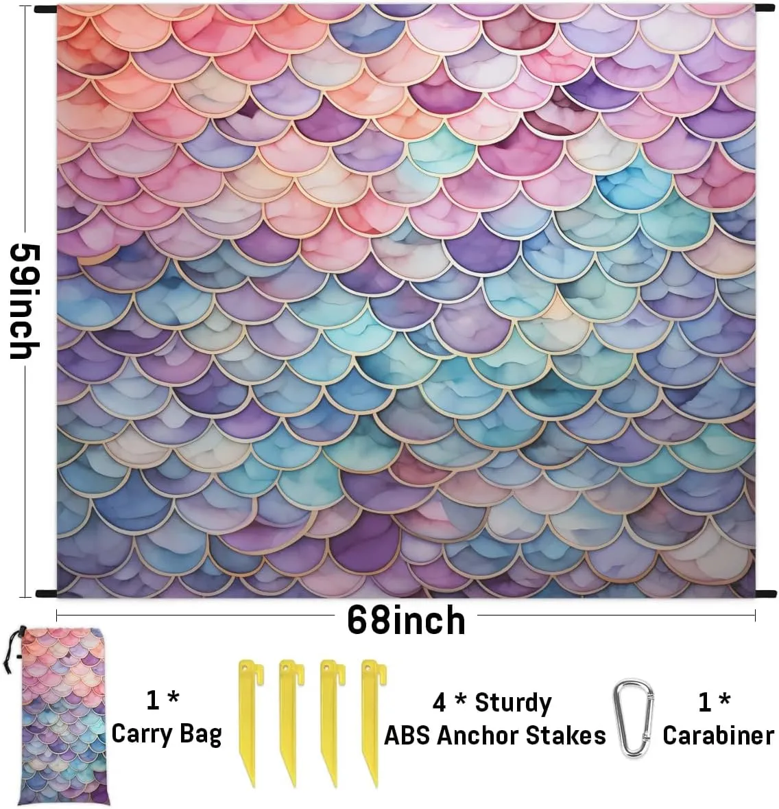 Mermaid Beach Blanket, Sandproof Beach Mat, 68 x 59 Waterproof Quick Drying Sand Free Mat with 4 x Ground Spikes for Outdoor Travel Camping Hiking, Mermaid Tail Scales