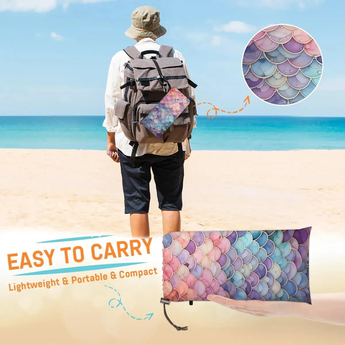 Mermaid Beach Blanket, Sandproof Beach Mat, 68 x 59 Waterproof Quick Drying Sand Free Mat with 4 x Ground Spikes for Outdoor Travel Camping Hiking, Mermaid Tail Scales