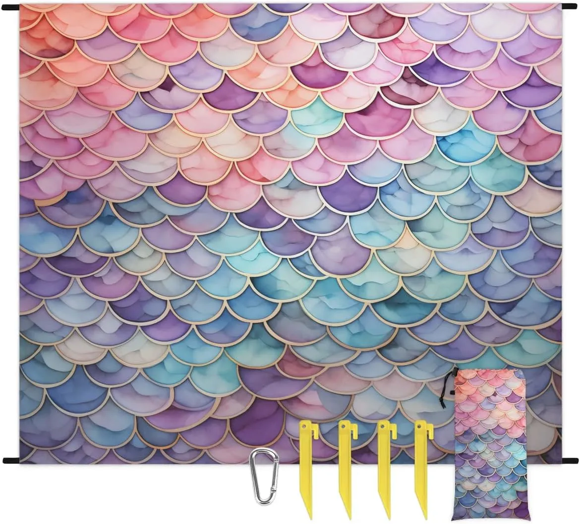 Mermaid Beach Blanket, Sandproof Beach Mat, 68 x 59 Waterproof Quick Drying Sand Free Mat with 4 x Ground Spikes for Outdoor Travel Camping Hiking, Mermaid Tail Scales