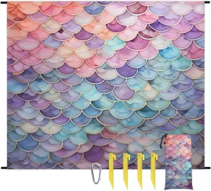 Mermaid Beach Blanket, Sandproof Beach Mat, 68 x 59 Waterproof Quick Drying Sand Free Mat with 4 x Ground Spikes for Outdoor Travel Camping Hiking, Mermaid Tail Scales