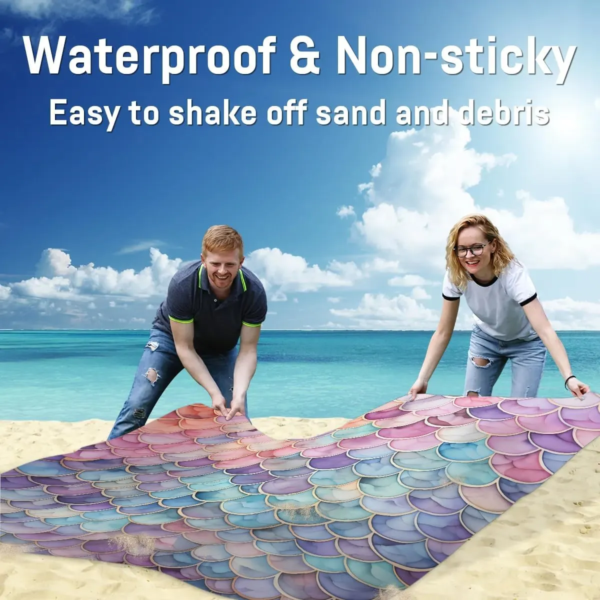 Mermaid Beach Blanket, Sandproof Beach Mat, 68 x 59 Waterproof Quick Drying Sand Free Mat with 4 x Ground Spikes for Outdoor Travel Camping Hiking, Mermaid Tail Scales