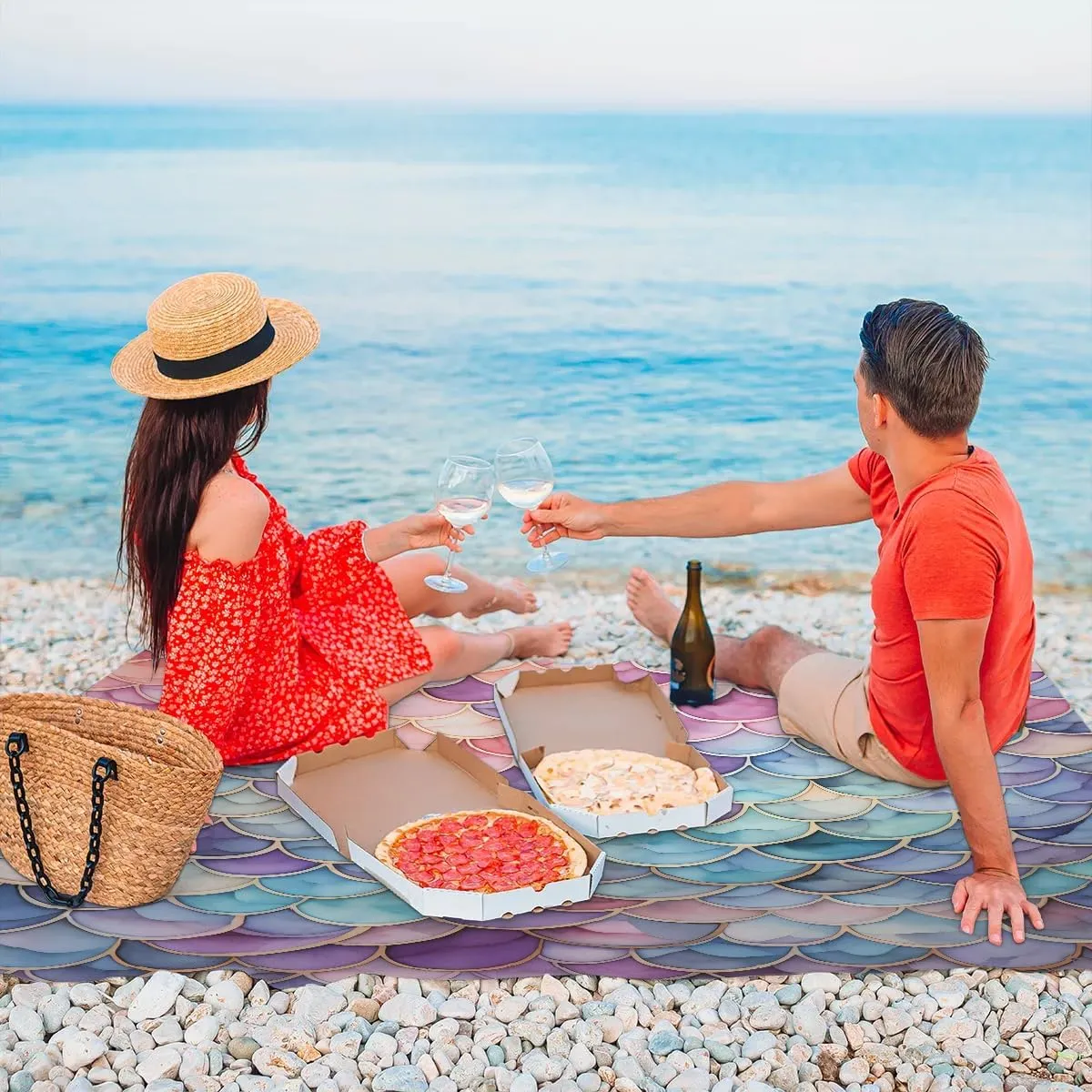 Mermaid Beach Blanket, Sandproof Beach Mat, 68 x 59 Waterproof Quick Drying Sand Free Mat with 4 x Ground Spikes for Outdoor Travel Camping Hiking, Mermaid Tail Scales