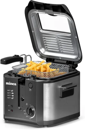 minca 1500W Electric Deep Fryer, 2.5 Liter Immersion Frying Basket with Heat-insulated Foldable Handle, Removable Lid with Odor Filter and Viewing Window, Adjustable Temperature, Stainless Steel