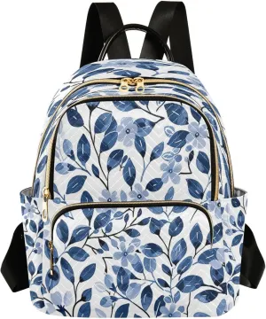 Mini Backpack Purse for Women Lightweight Bag School Teenagers Sports Traveling Small Light Blue Leaf