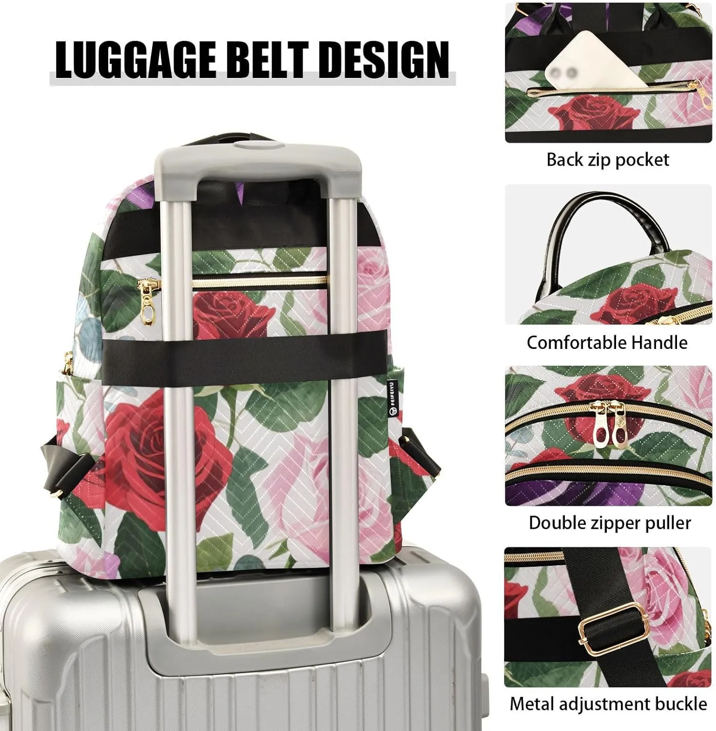 Mini Backpack Quilted Purse for Womens Small Backpack Daypack Rose Print for Travel Daily Work,Multi3