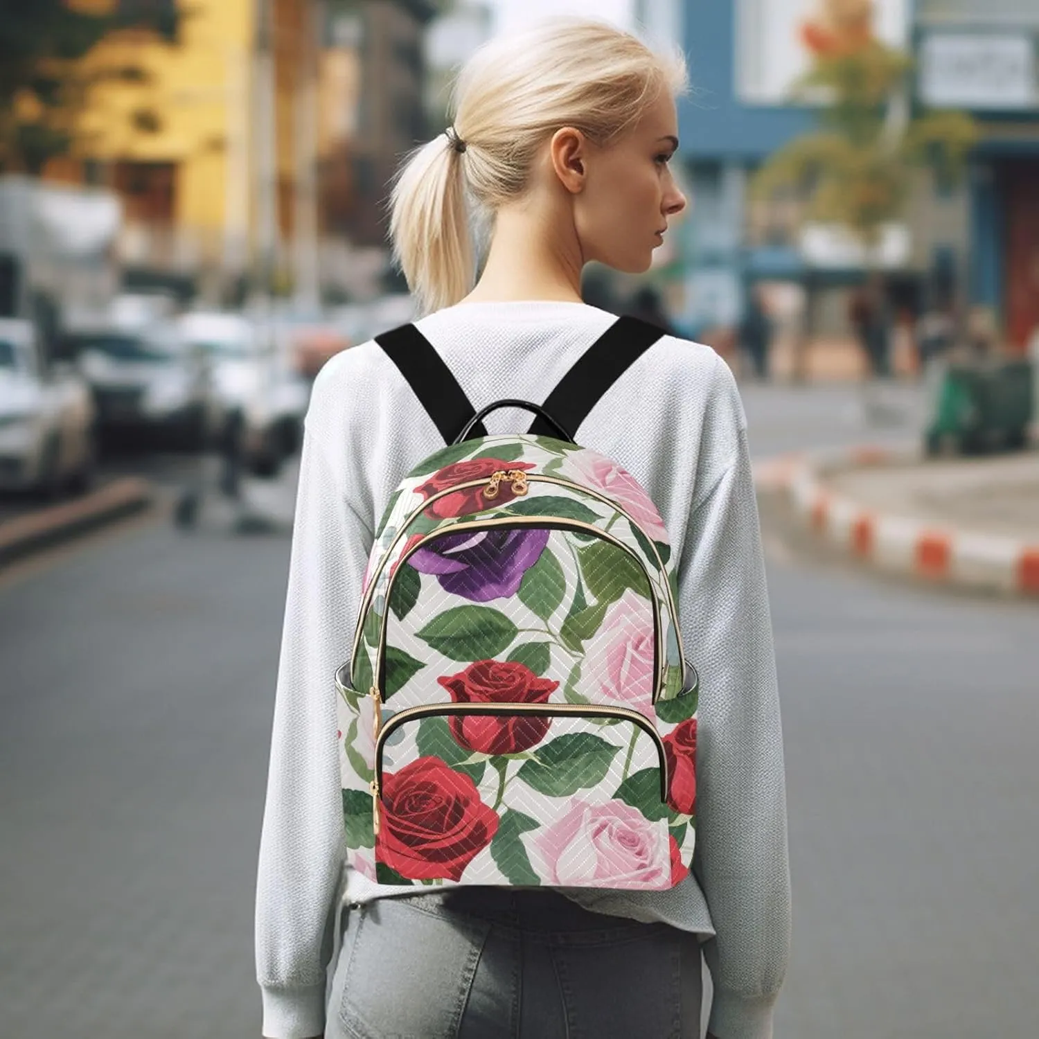 Mini Backpack Quilted Purse for Womens Small Backpack Daypack Rose Print for Travel Daily Work,Multi3